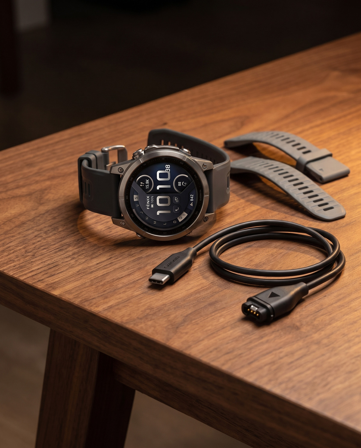 Garmin fēnix 9 Pro 47 mm posée près de son câble de charge et d'un bracelet de rechange (vue d'illustration)