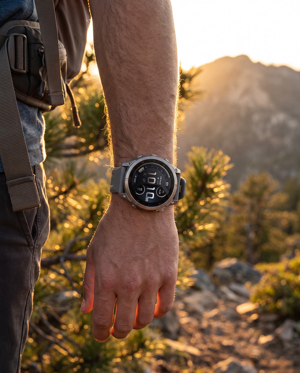 Garmin fēnix 9 Pro inReach 47 mm au poignet d'un marcheur sur un sentier de montagne (vue d'illustration)