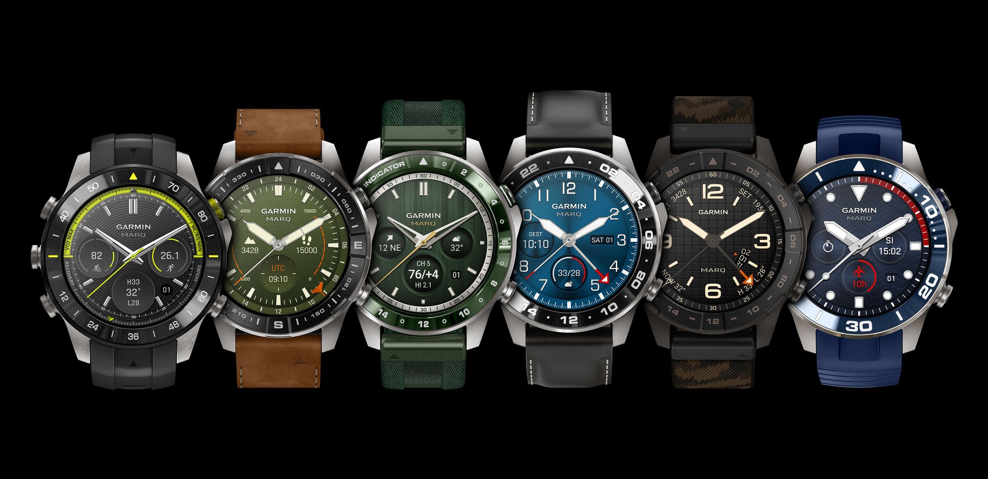 Les six montres Garmin MARQ Gen 3 côte à côte : Athlete, Adventurer, Golfer, Aviator, Commander et Diver