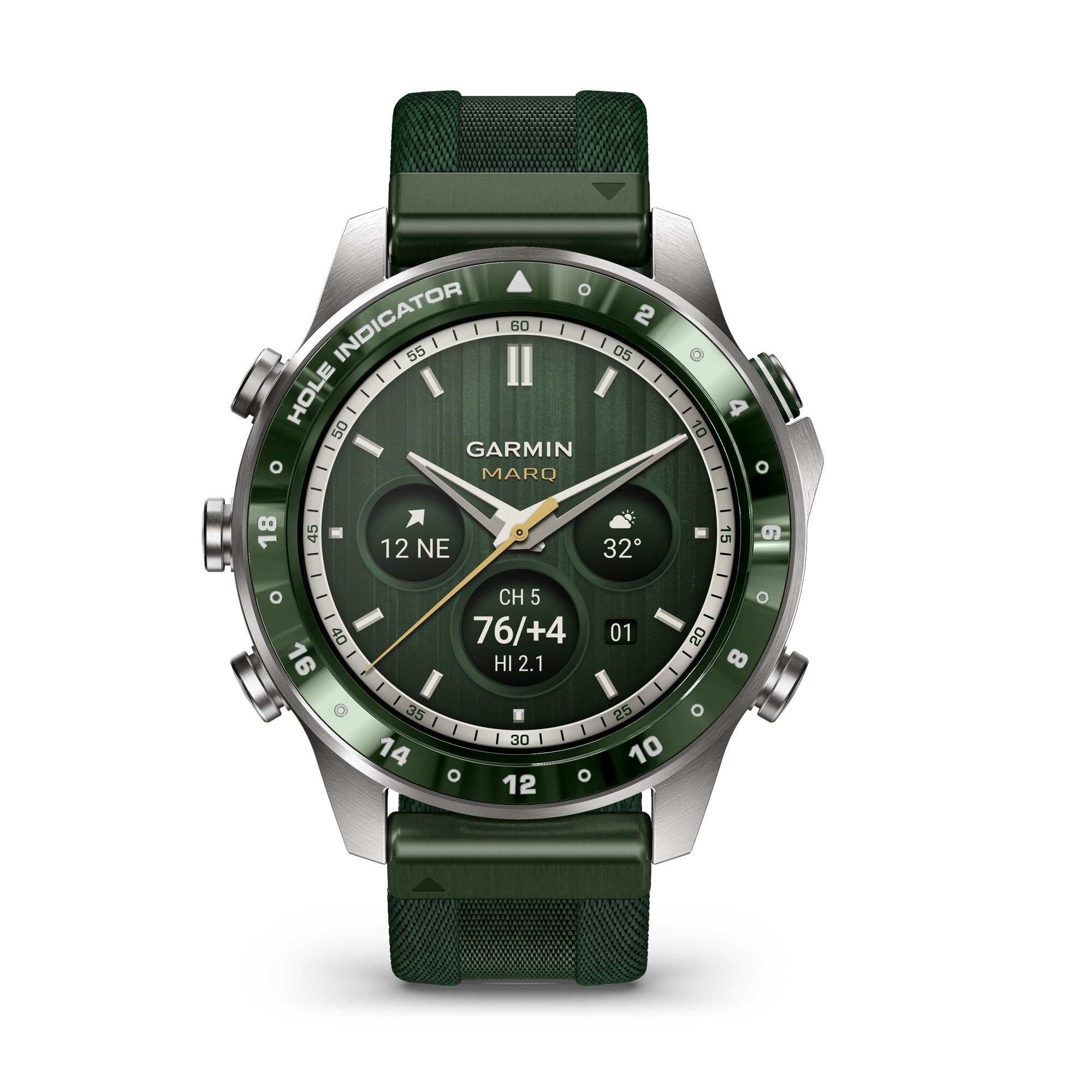Garmin MARQ Golfer Gen 3 47 mm, lunette céramique verte à compteur 18 trous, bracelet nylon jacquard vert