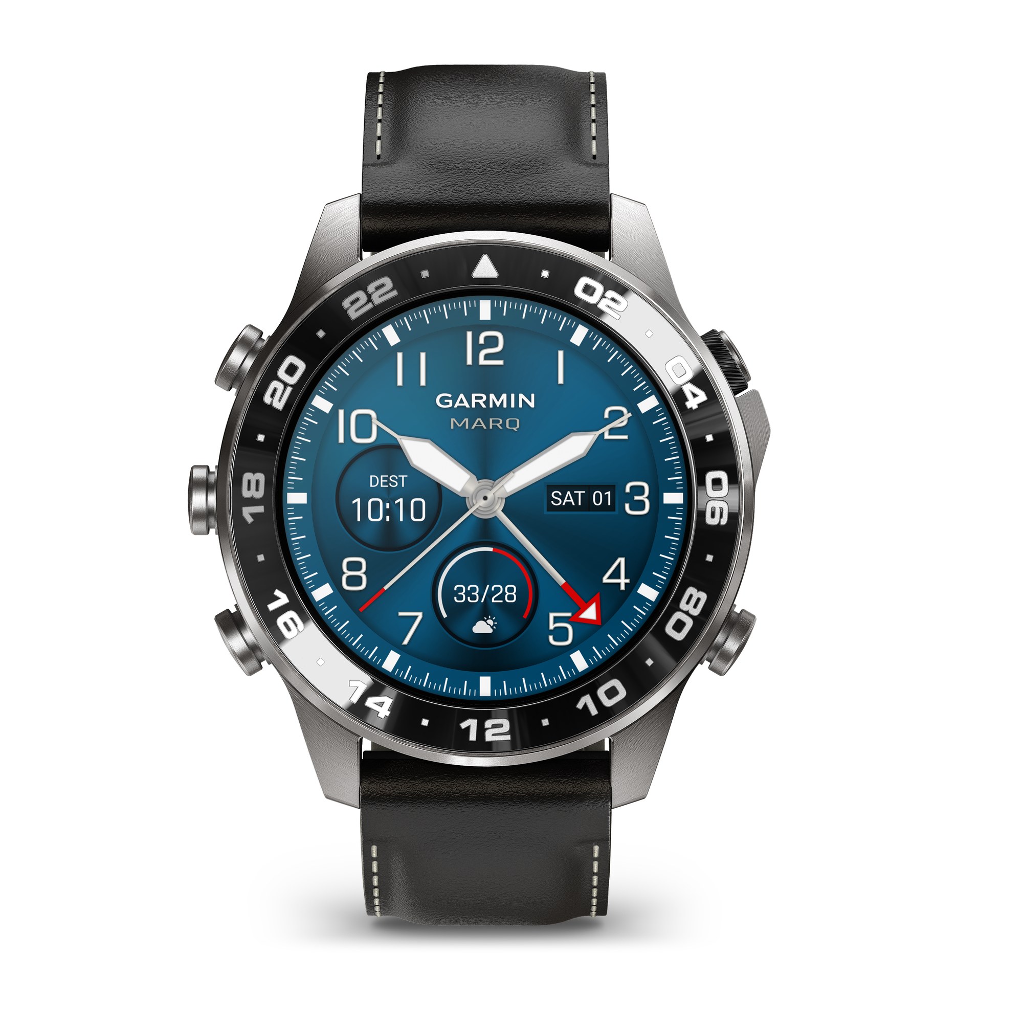 Garmin MARQ Aviator Gen 3 47 mm, lunette 24 heures en céramique noire polie et aiguille GMT, bracelet cuir de veau noir
