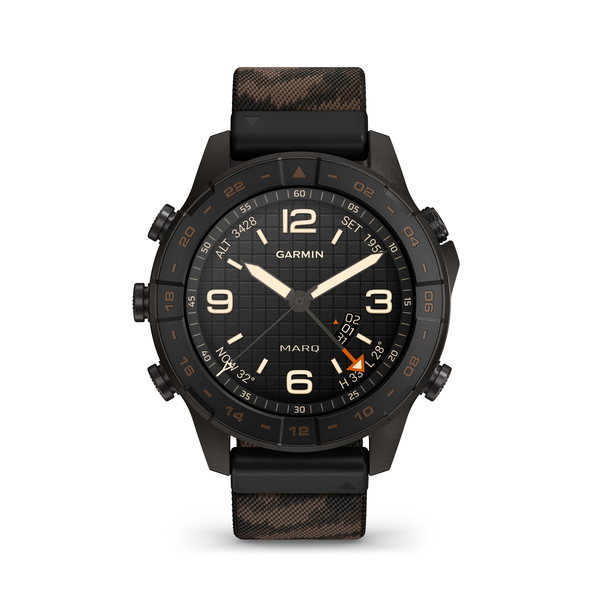 Garmin MARQ Commander Gen 3 47 mm, boîtier titane noir, échelle UTC aux chiffres cuivrés, bracelet nylon jacquard camouflage