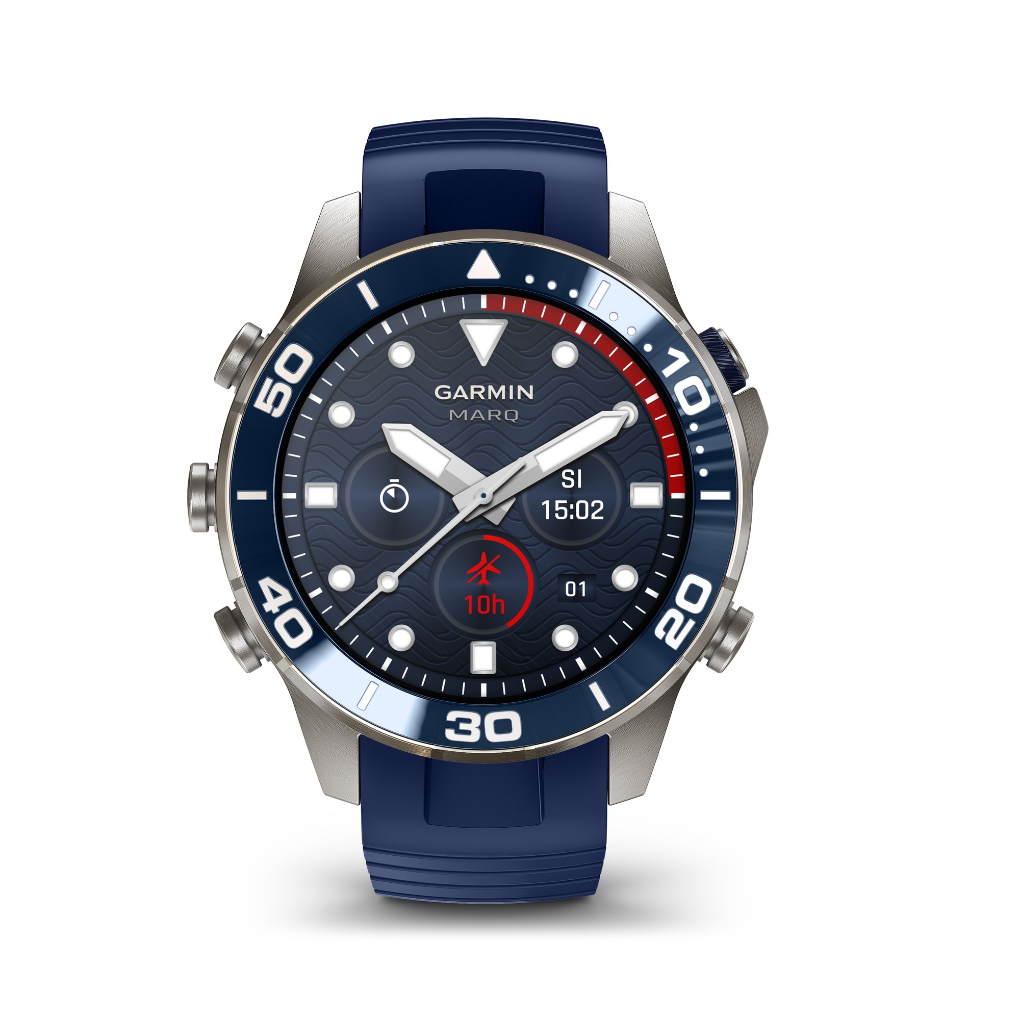 Garmin MARQ Diver Gen 3 47 mm, lunette de plongée 60 minutes bleue, bracelet caoutchouc bleu à micro-ajustement