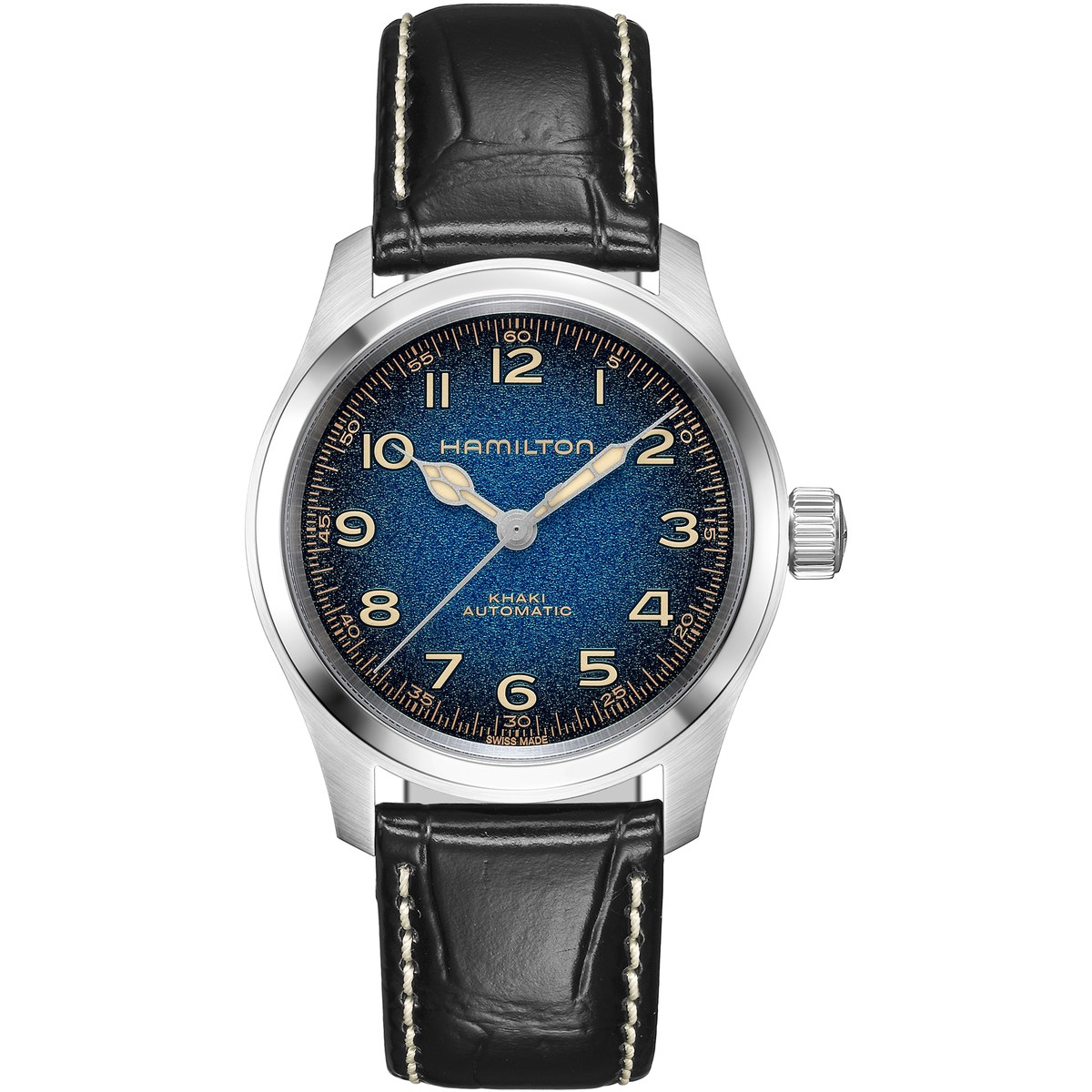 Hamilton Khaki Field Murph Auto 38 mm cadran bleu dégradé grainé, aiguilles cathédrale et bracelet cuir noir surpiqué blanc