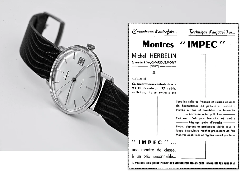 Montre Impec automatique vintage et publicité d'époque Michel Herbelin, 6 rue des Lilas à Charquemont
