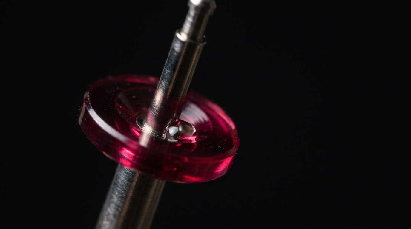 Axe d'acier poli traversant une pierre à trou en rubis synthétique, goutte d'huile logée au centre, fond noir