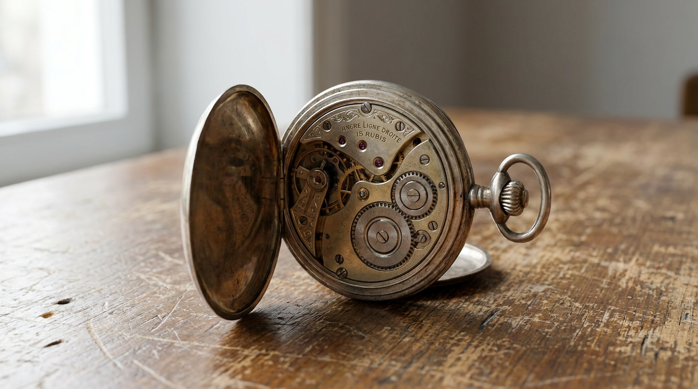 Montre de gousset argentée ancienne ouverte sur une table en bois, mouvement gravé Ancre ligne droite 15 rubis