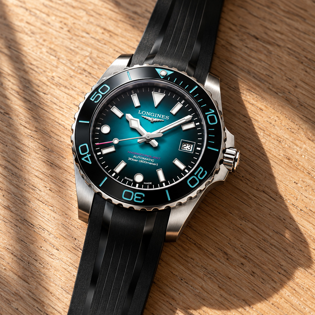 Longines HydroConquest 2026 Commonwealth Games 39 mm, cadran laqué bleu sarcelle dégradé et bracelet caoutchouc noir, sur un fond d'eau turquoise, vue d'illustration