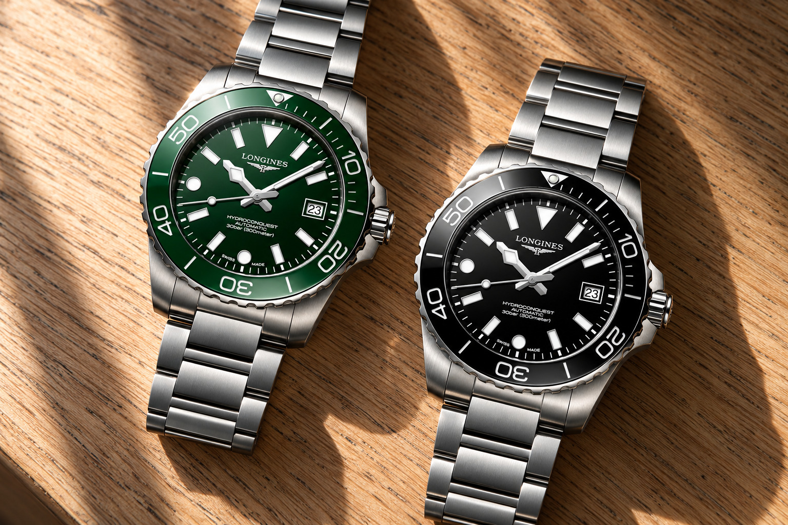 Longines HydroConquest 39 mm verte et 42 mm noire côte à côte à la même échelle sur un pont en teck, vue d'illustration