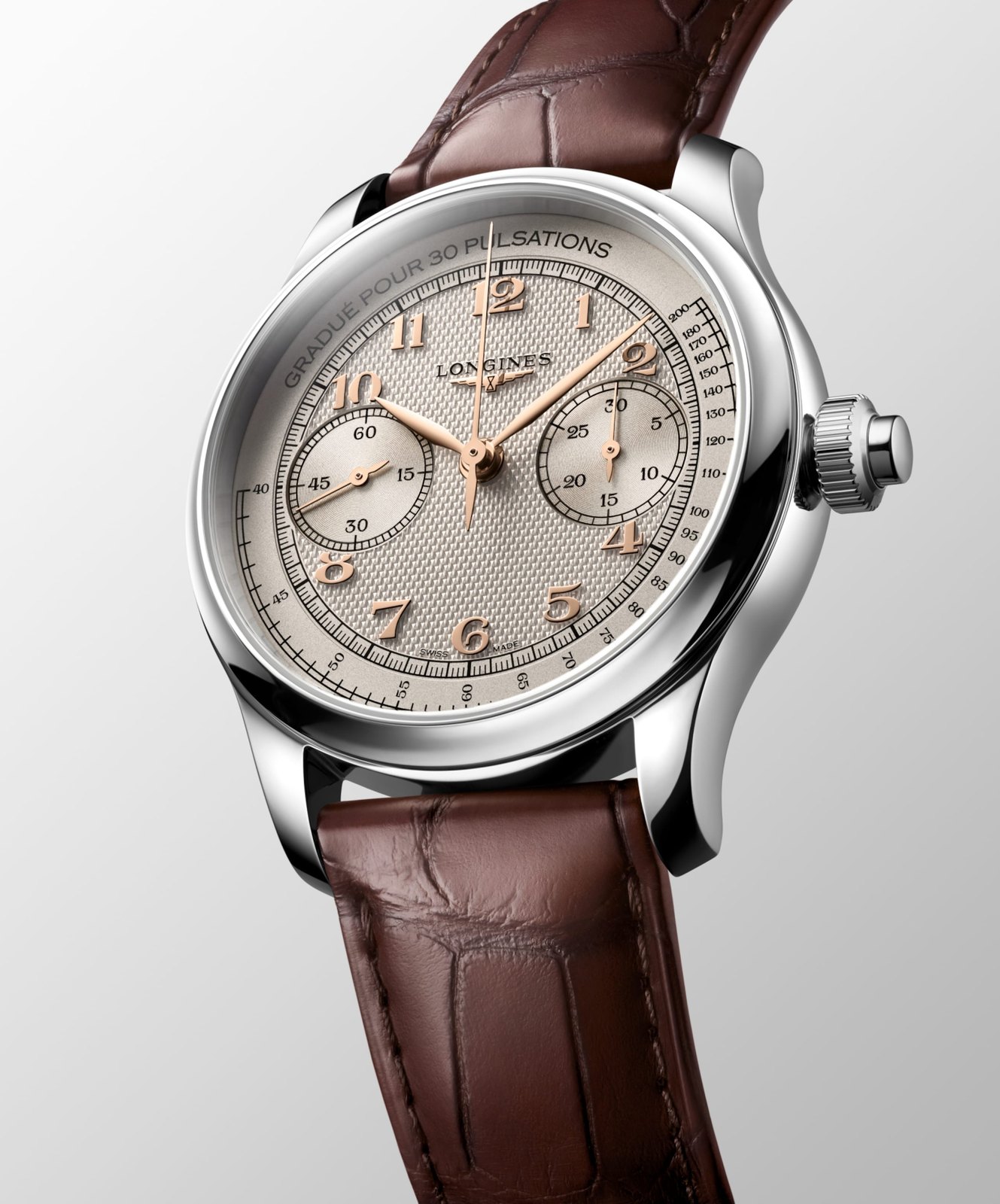 Longines Master Chrono Monopusher 41 mm cadran ivoire, couronne de 3 heures et son poussoir intégré