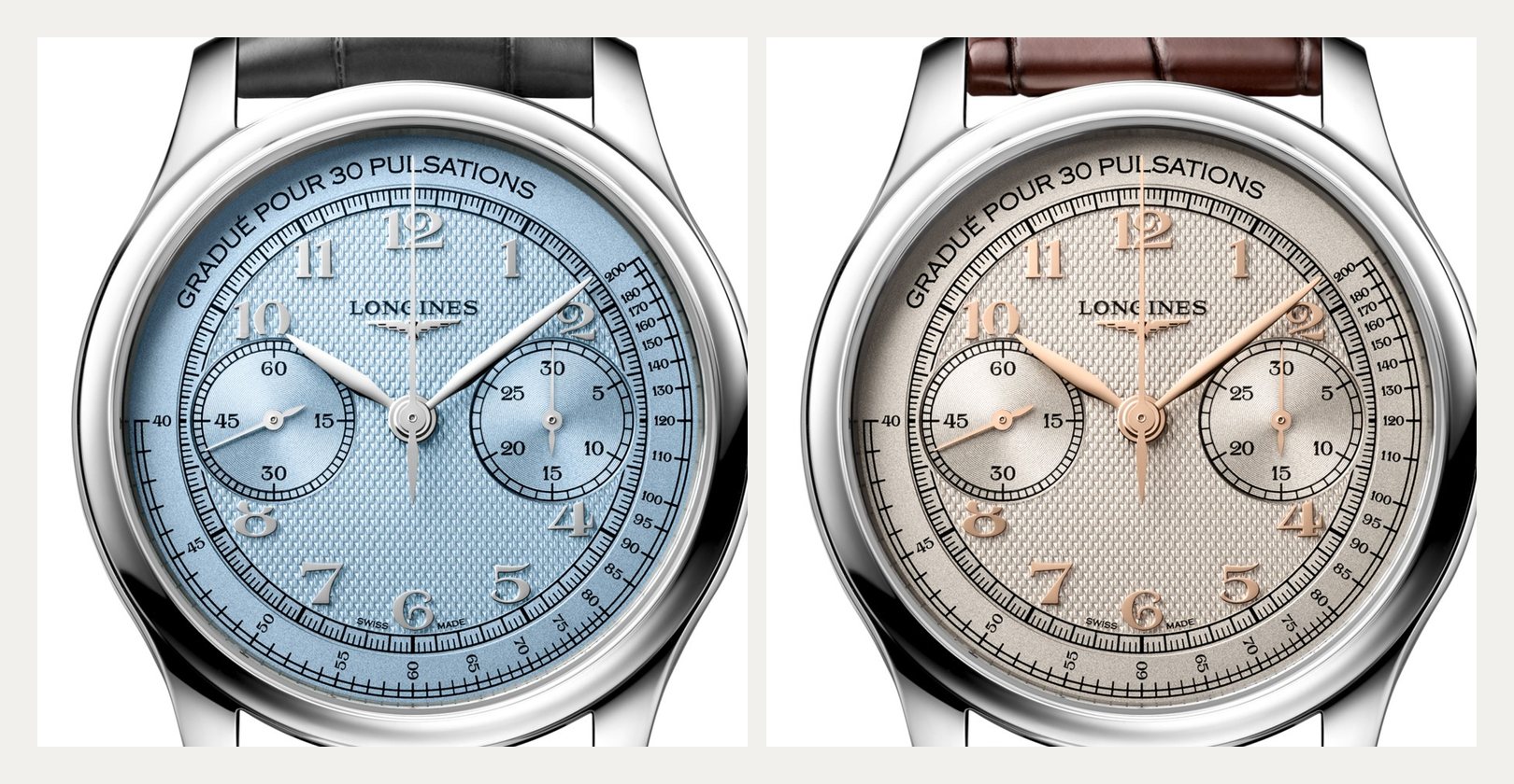 Les deux cadrans de la Longines Master Chrono Monopusher 41 mm, bleu givré et ivoire, côte à côte
