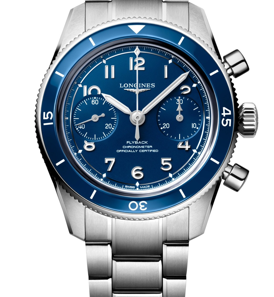 Longines Spirit Pilot Flyback 39,5 mm cadran bleu mat, lunette céramique bleue, bracelet acier