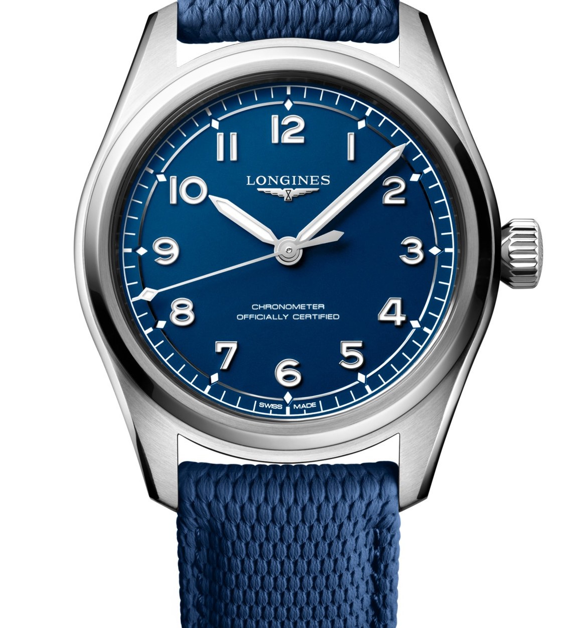 Longines Spirit Pilot 39 mm automatique cadran bleu mat sur bracelet caoutchouc bleu