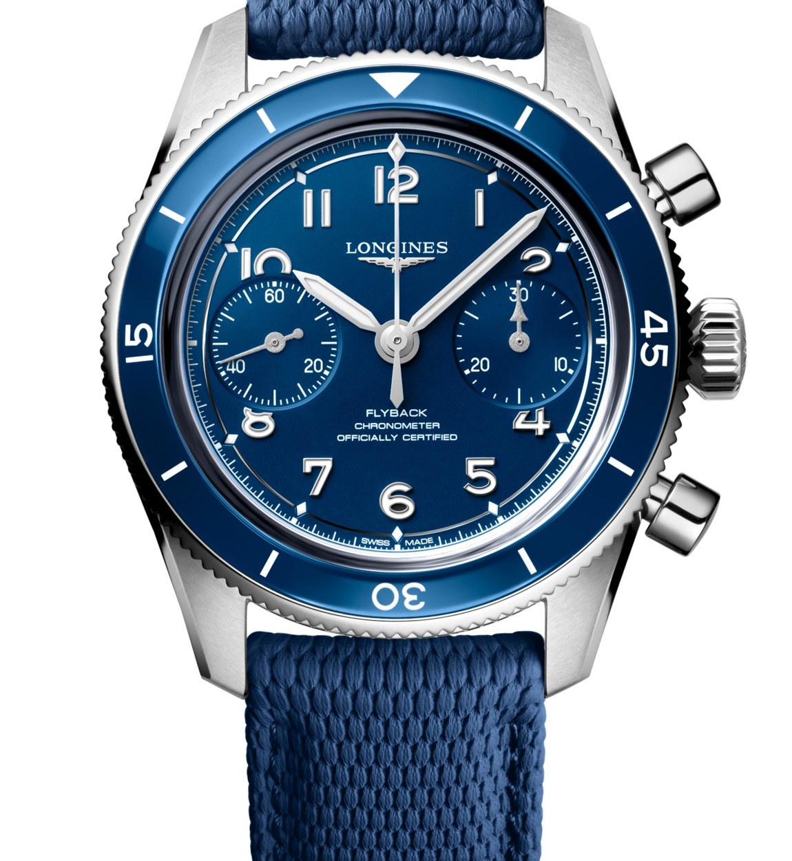 Longines Spirit Pilot Flyback 39,5 mm cadran bleu mat sur bracelet caoutchouc bleu