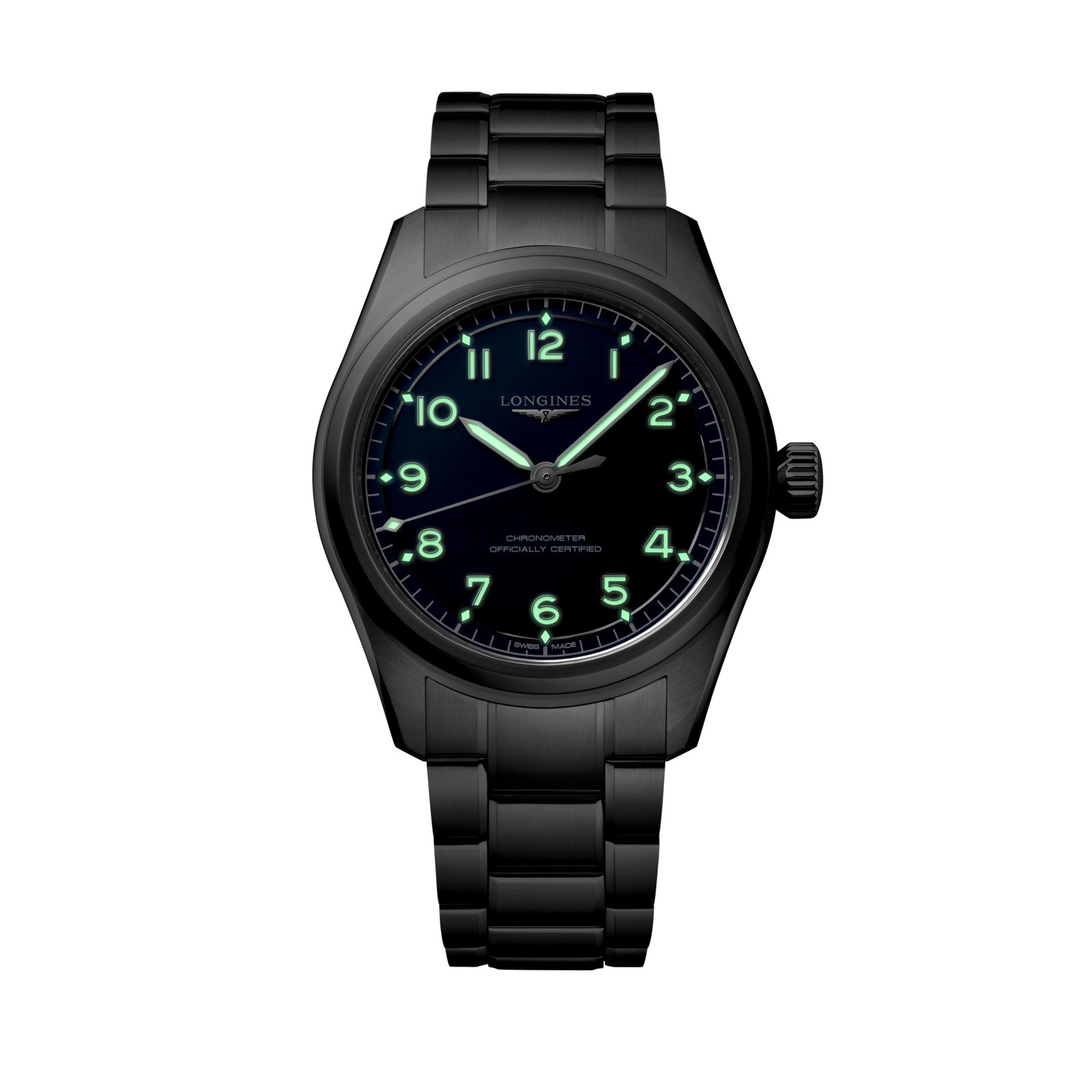 Longines Spirit Pilot 39 mm de nuit, chiffres et aiguilles Super-LumiNova allumés
