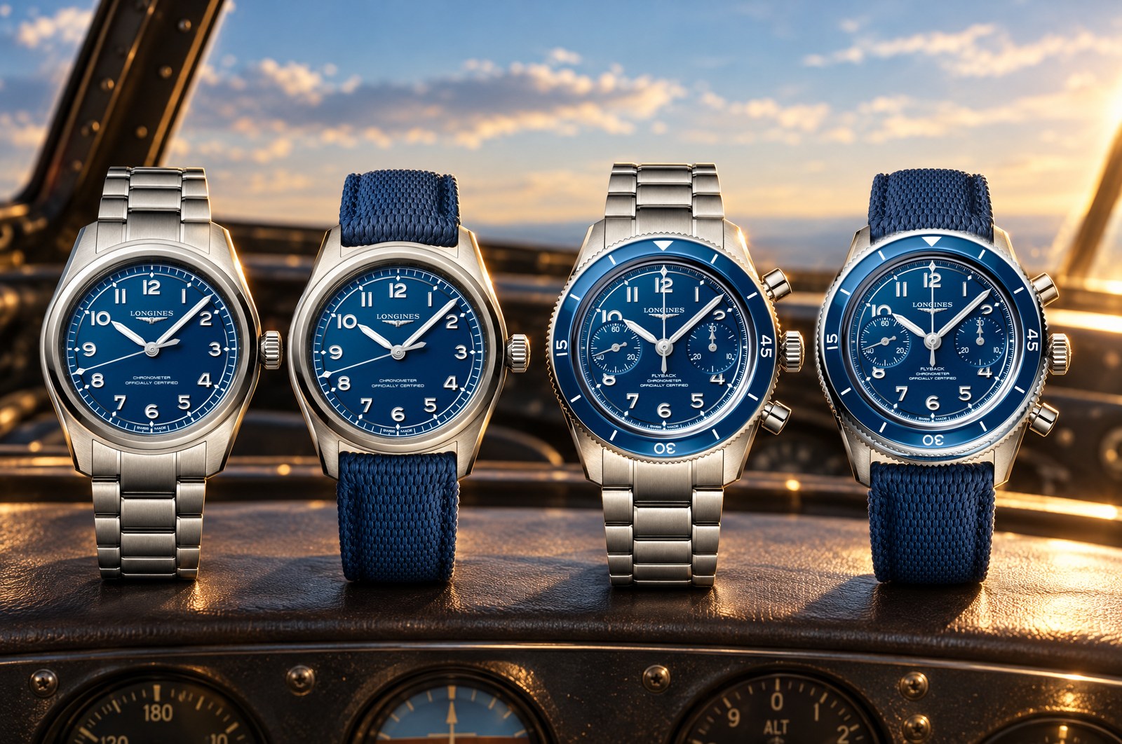 Les quatre Longines Spirit Pilot bleues, automatique et Flyback, sur acier et sur caoutchouc, posées sur un tableau de bord d'avion