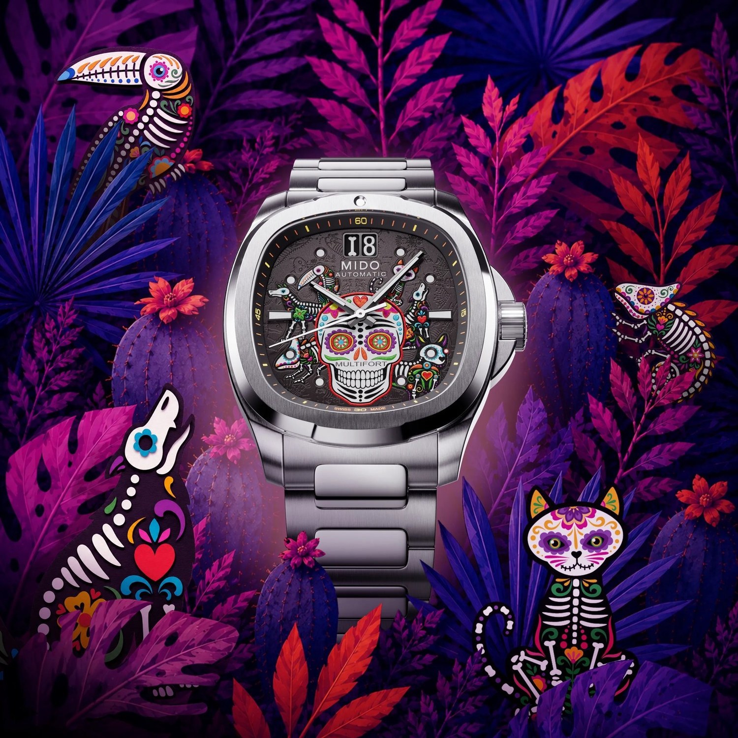 Mido Multifort TV Big Date Alebrijes en acier, cadran gris à calavera et Alebrijes, parmi des illustrations d'Alebrijes dans une jungle colorée, visuel officiel Mido