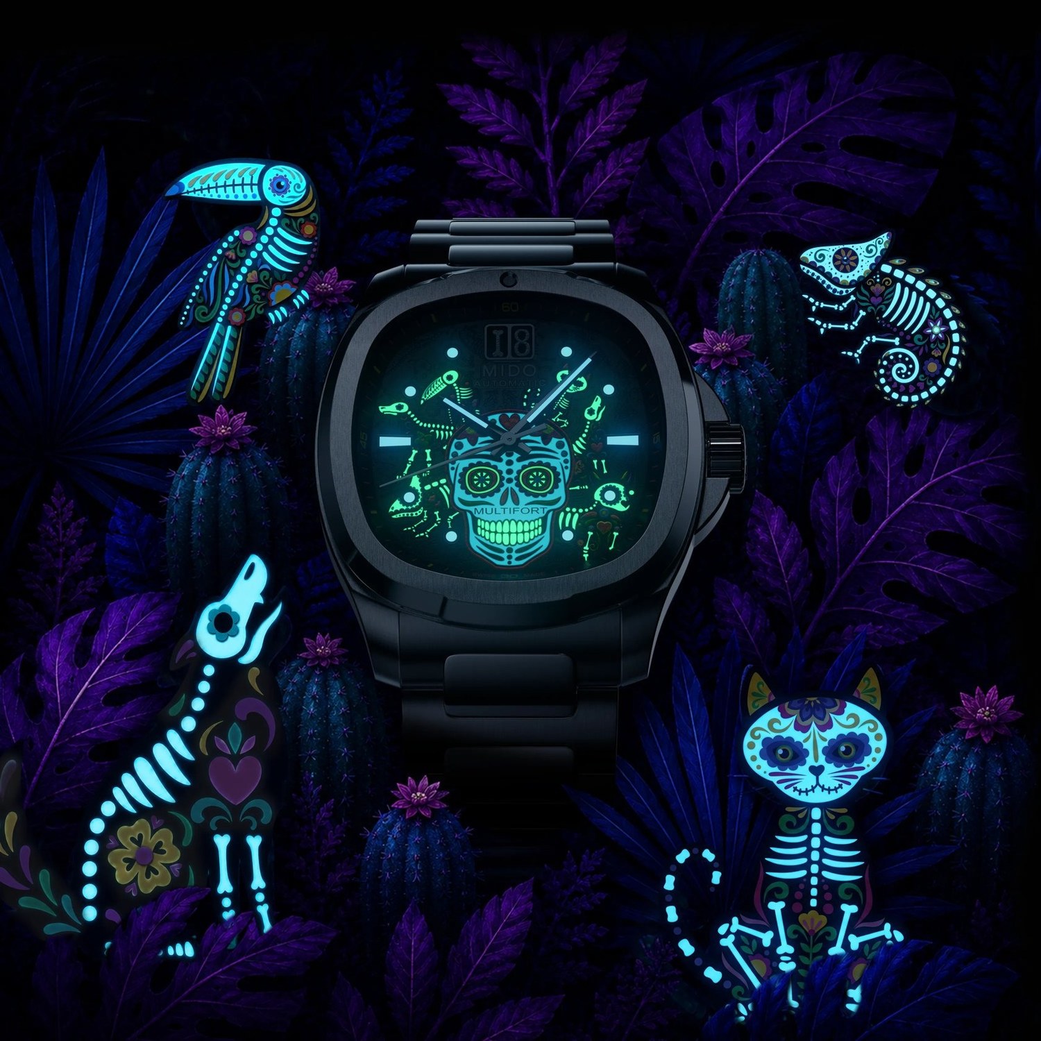 Mido Multifort TV Big Date Alebrijes dans le noir, calavera et index lumineux en bleu, squelettes des Alebrijes en vert, parmi des illustrations d'Alebrijes lumineux, visuel officiel Mido