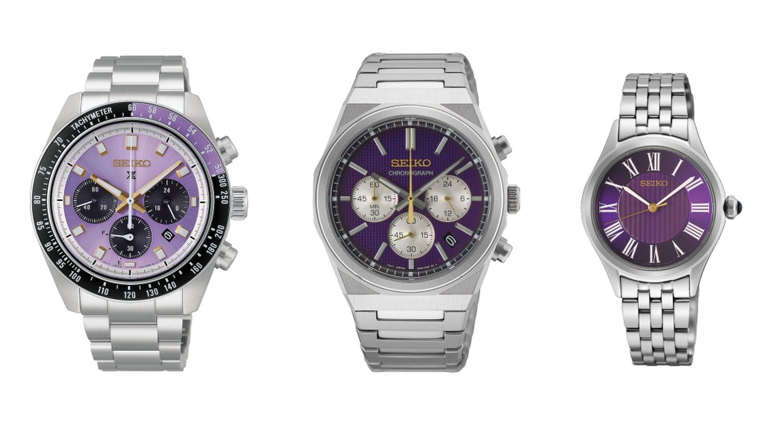 Montres Seiko édition limitée 145e anniversaire : Prospex Speedtimer HBJ005P1 41,4 mm, chronographe HGK003P1 40 mm et classique femme HGH004P1 29,6 mm, cadrans violets