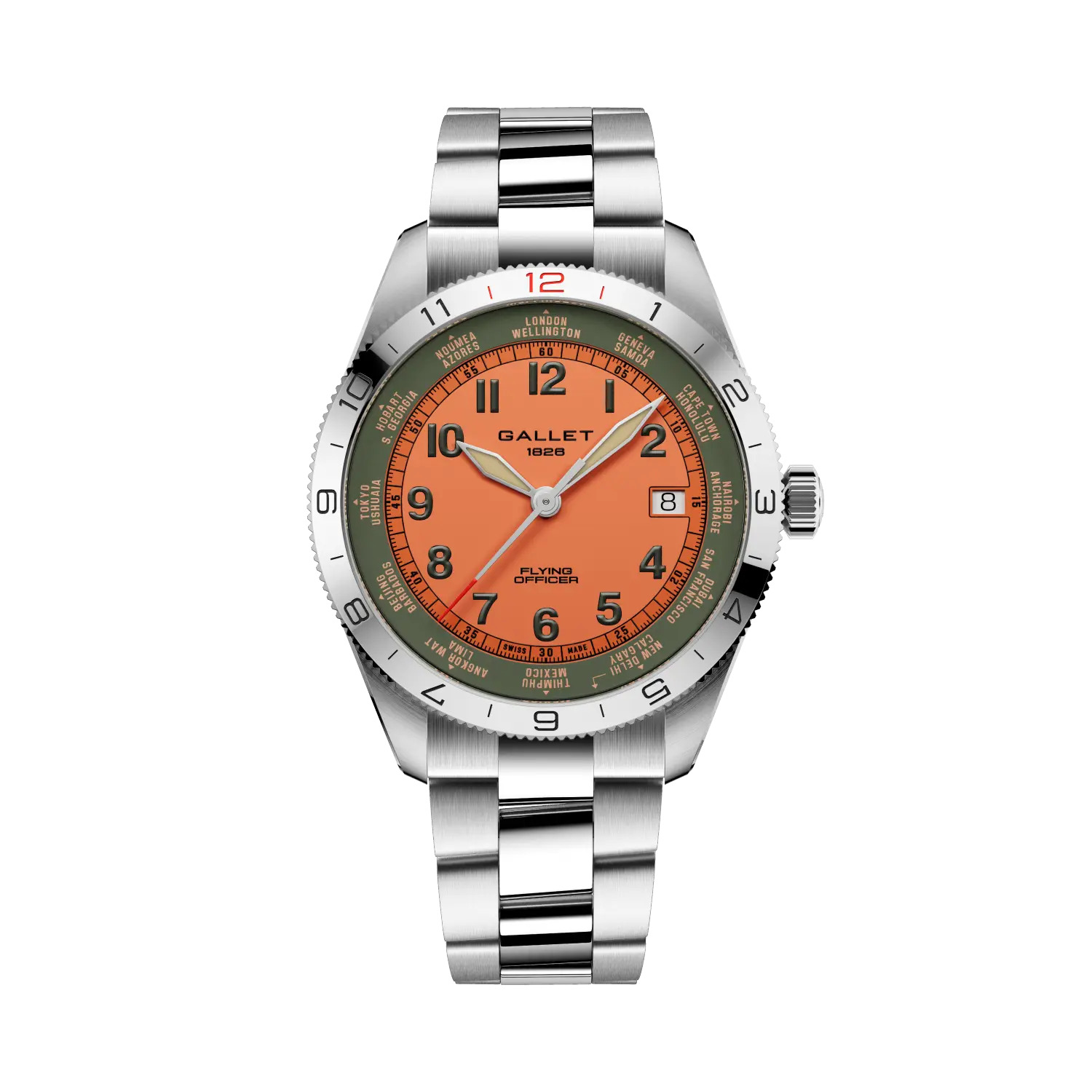 Gallet Flying Officer Automatic 40 mm, cadran orange et anneau des villes vert, bracelet acier
