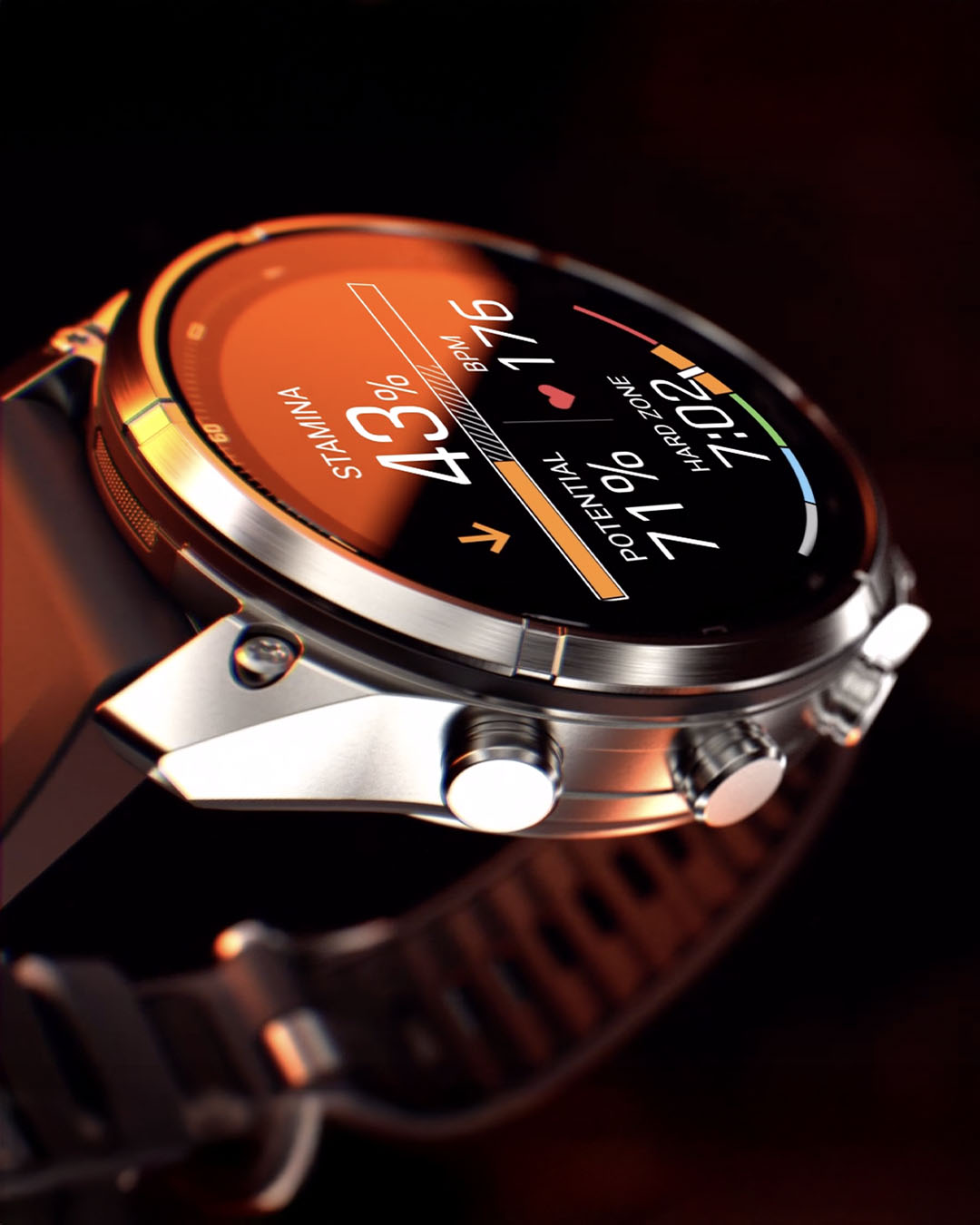 Boutons sur la tranche d'une montre Garmin Fenix 9, vus en gros plan