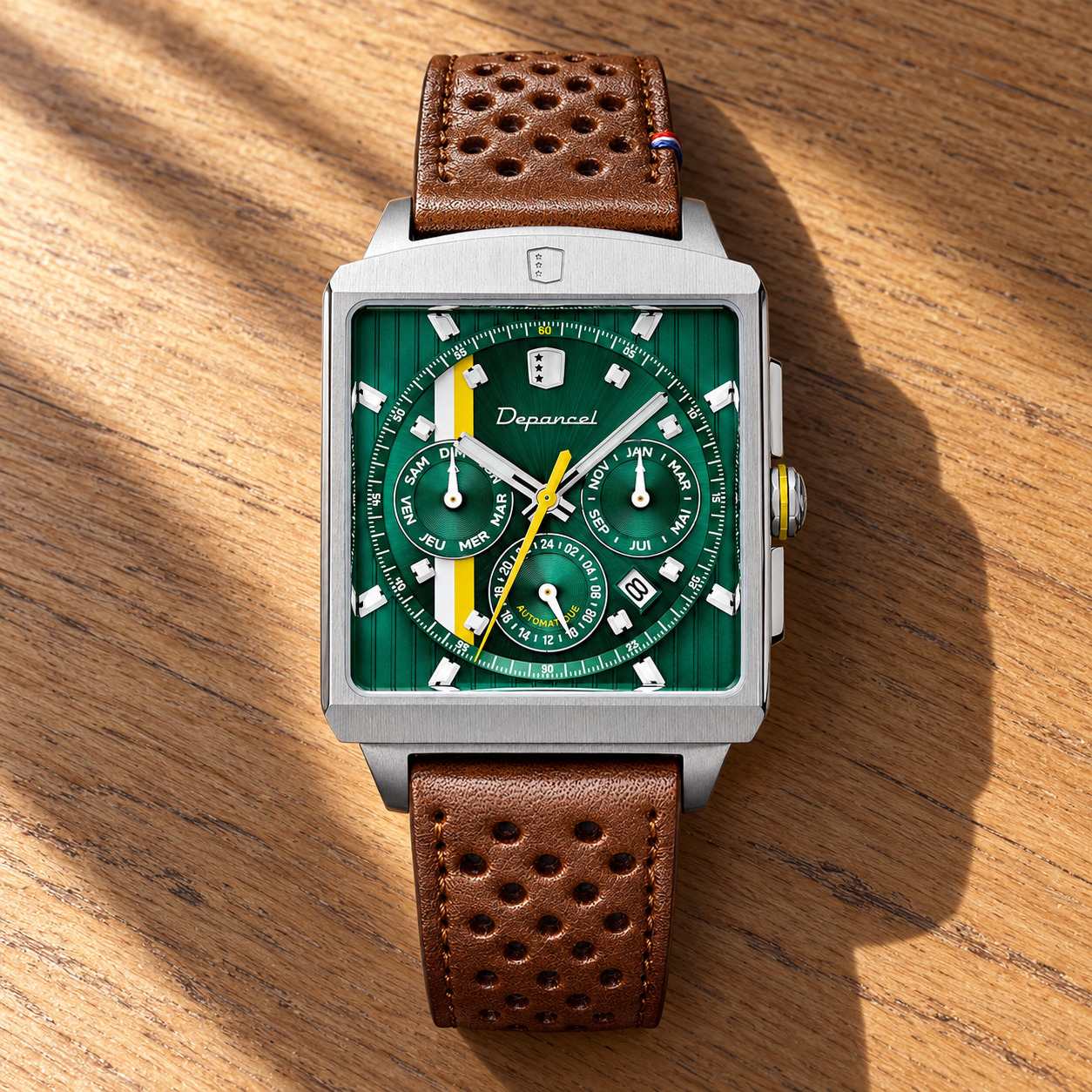 Montre Depancel Série-R 01 Green, boîtier carré de 43 x 36 mm à cadran vert strié et calendrier, bracelet racing marron