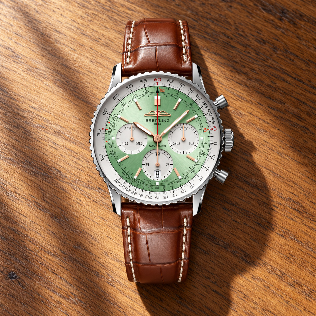 Montre Breitling Navitimer B01 Chronograph 41 à cadran vert menthe et compteurs clairs, bracelet cuir d'alligator
