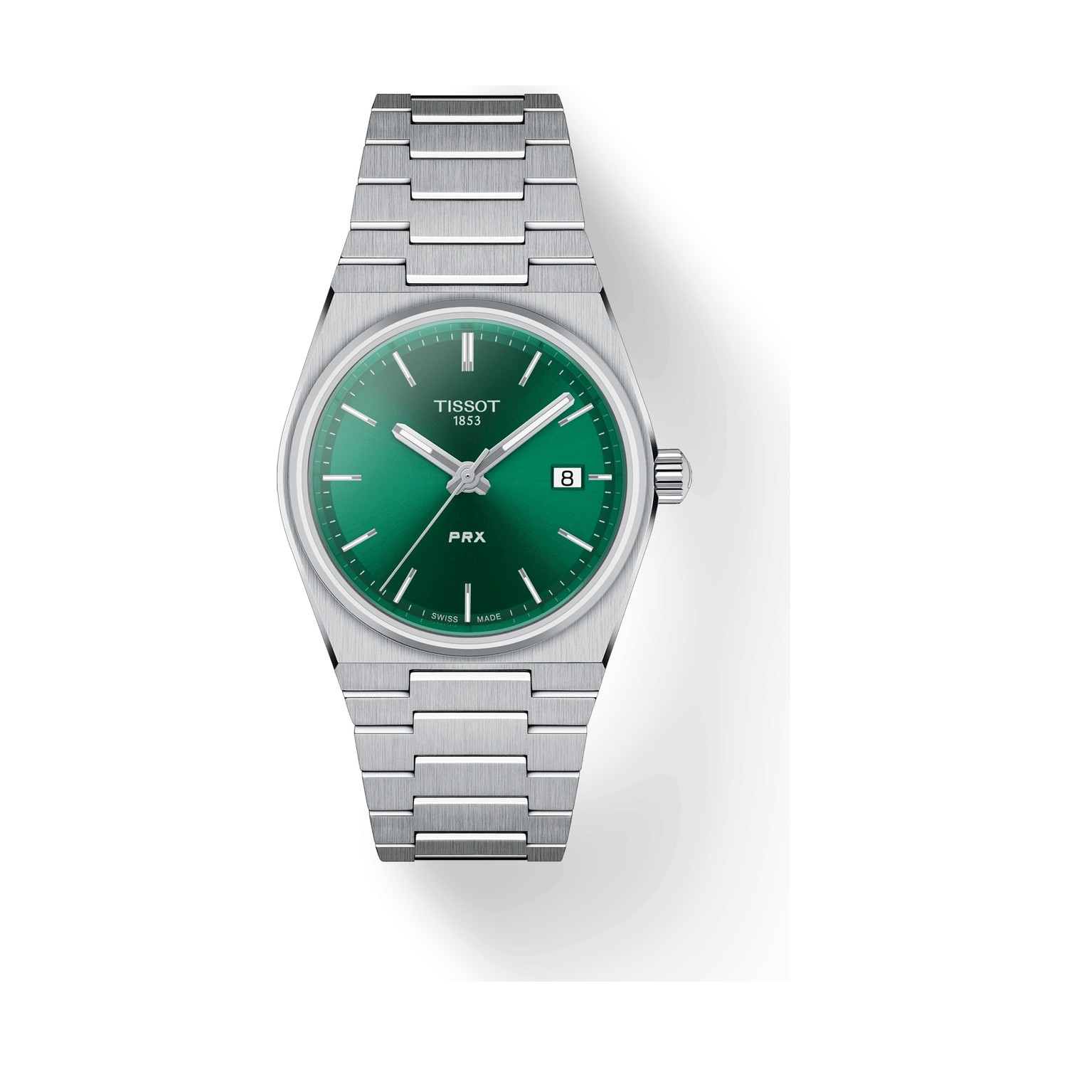 Montre Tissot PRX 35 mm quartz, cadran vert soleillé avec date à 3 heures, boîtier tonneau et bracelet intégré acier, vue de face
