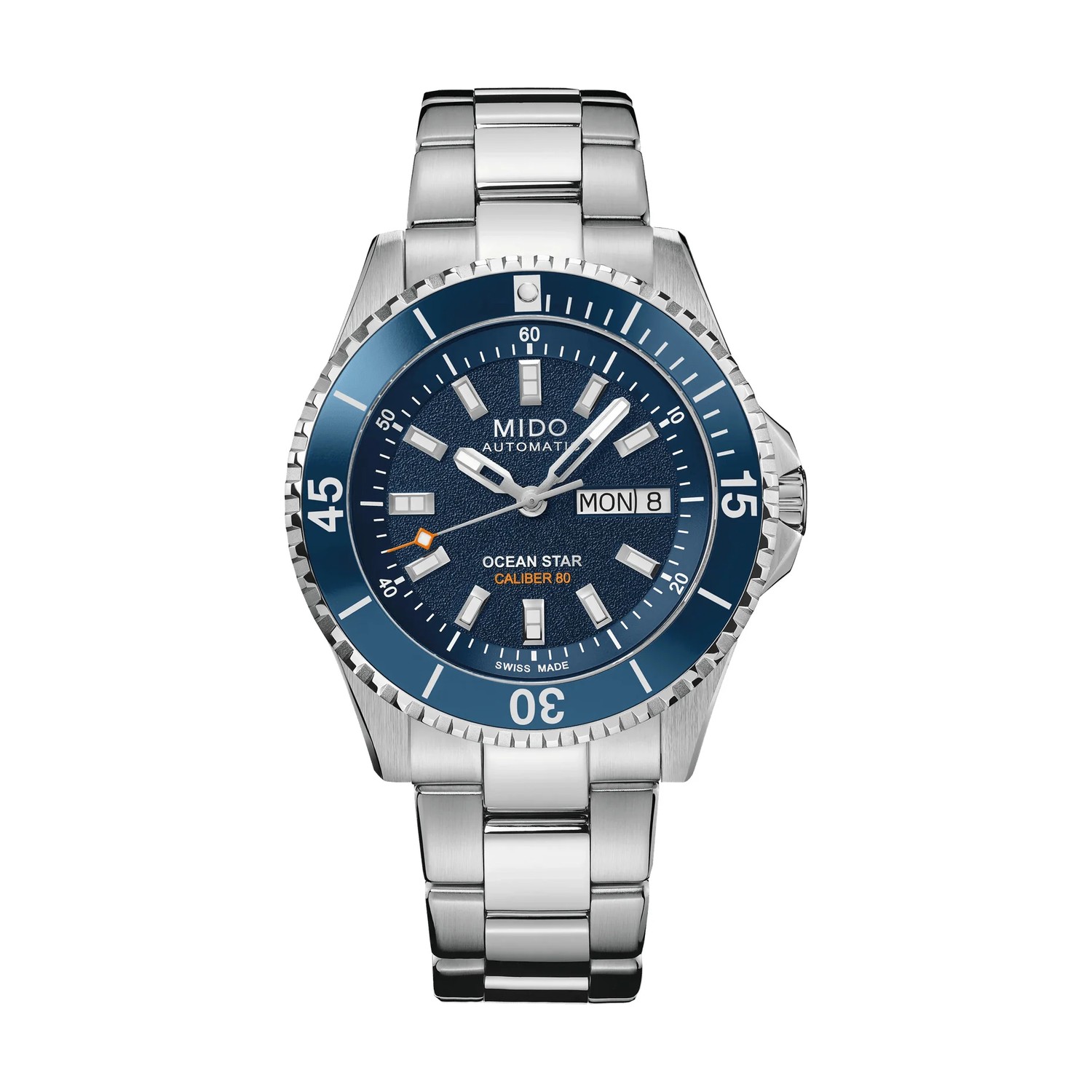 Montre Mido Ocean Star 200 41 mm automatique, cadran bleu grainé avec jour et date à 3 heures, lunette tournante bleue, bracelet acier, vue de face