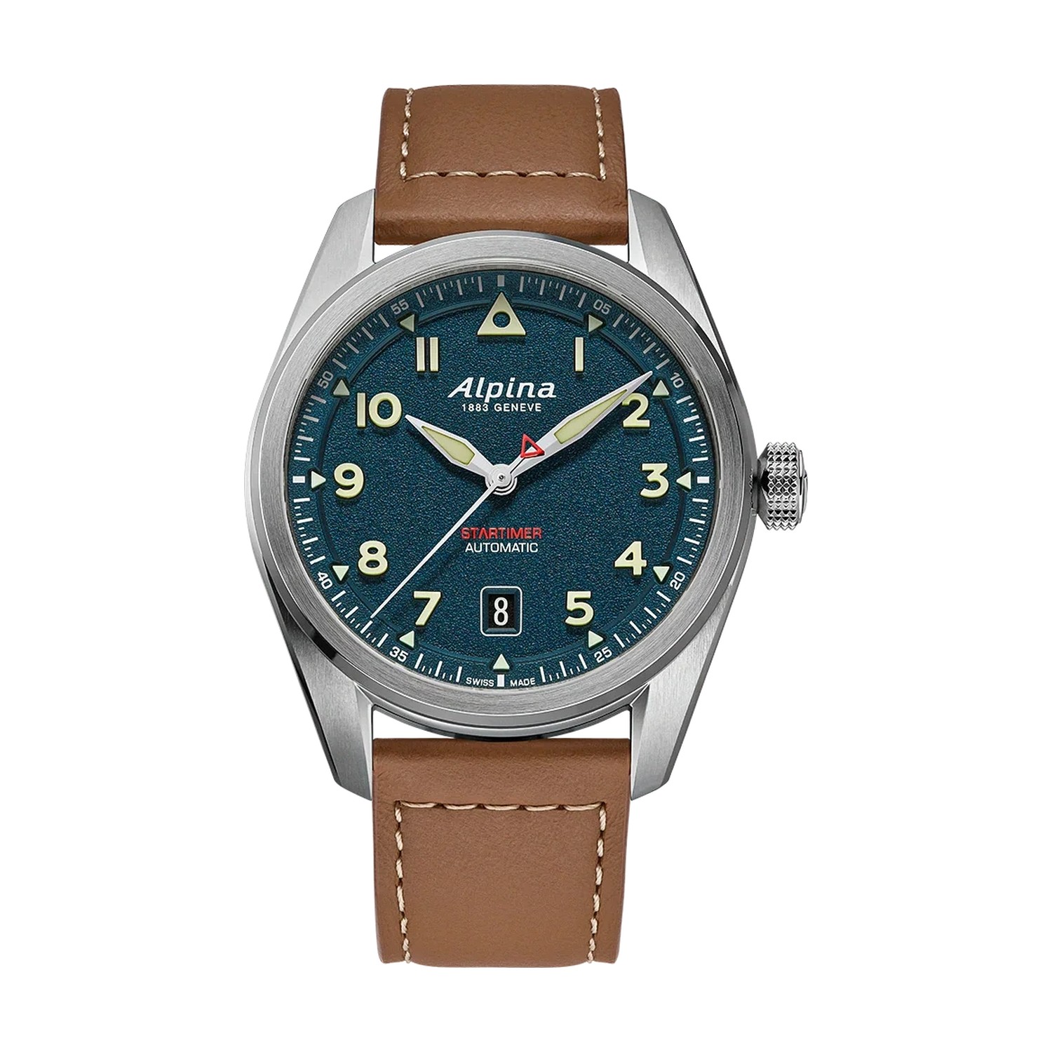 Montre Alpina Startimer Pilot Automatic 40 mm, cadran bleu grainé à chiffres arabes luminescents, triangle à 12 heures, date à 6 heures, bracelet cuir brun, vue de face