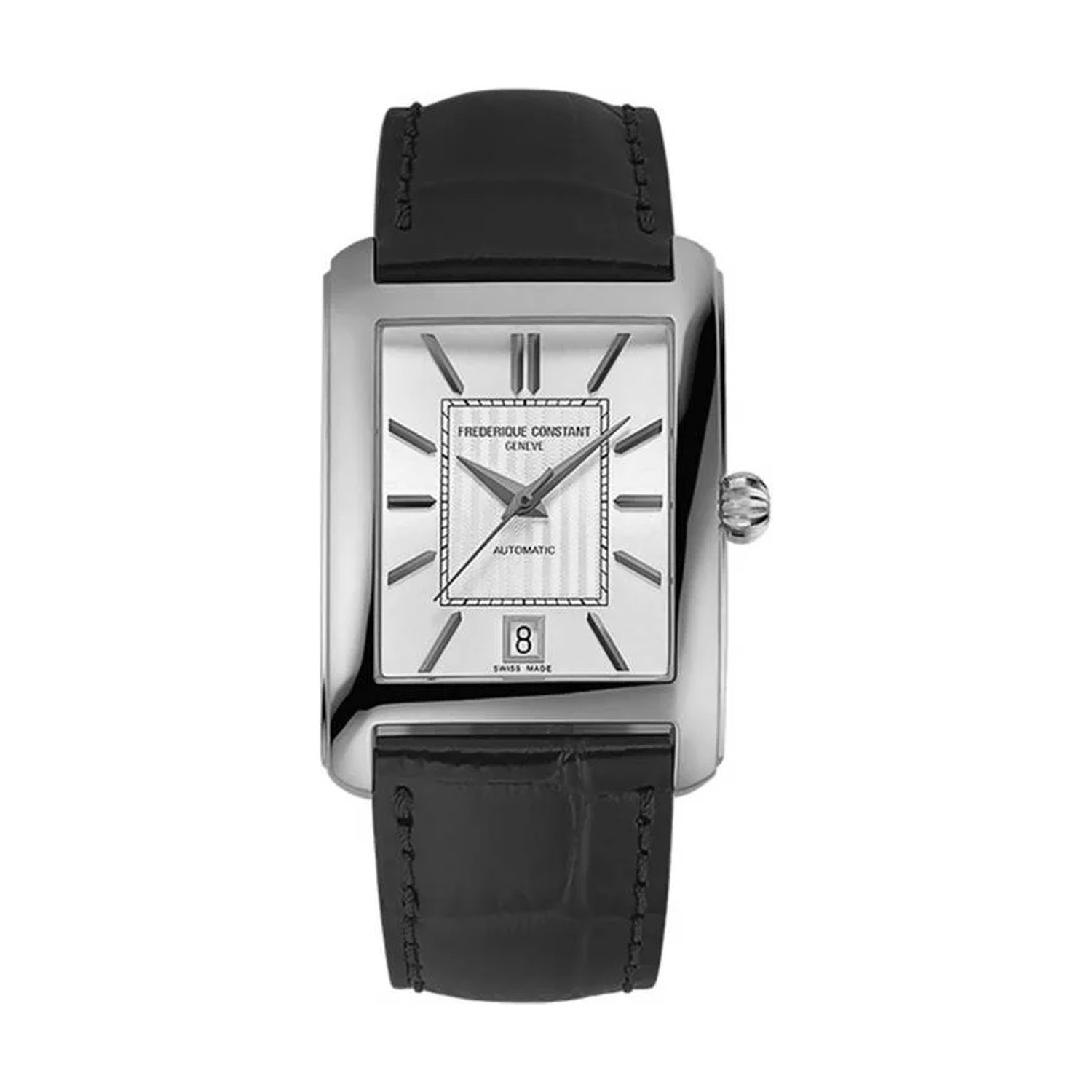 Montre Frédérique Constant Classics Carrée Automatique, boîtier rectangulaire acier poli, cadran argent gaufré et soleillé, aiguilles épée, date à 6 heures, bracelet cuir noir, vue de face