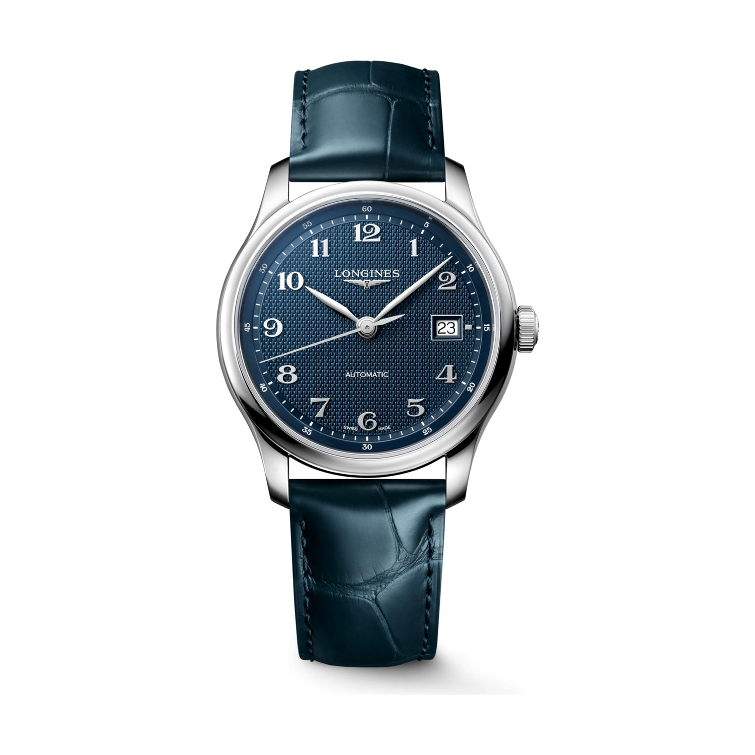 Montre Longines Master Collection 39 mm automatique, cadran bleu grain d'orge à chiffres arabes appliqués, date à 3 heures, bracelet alligator bleu, vue de face