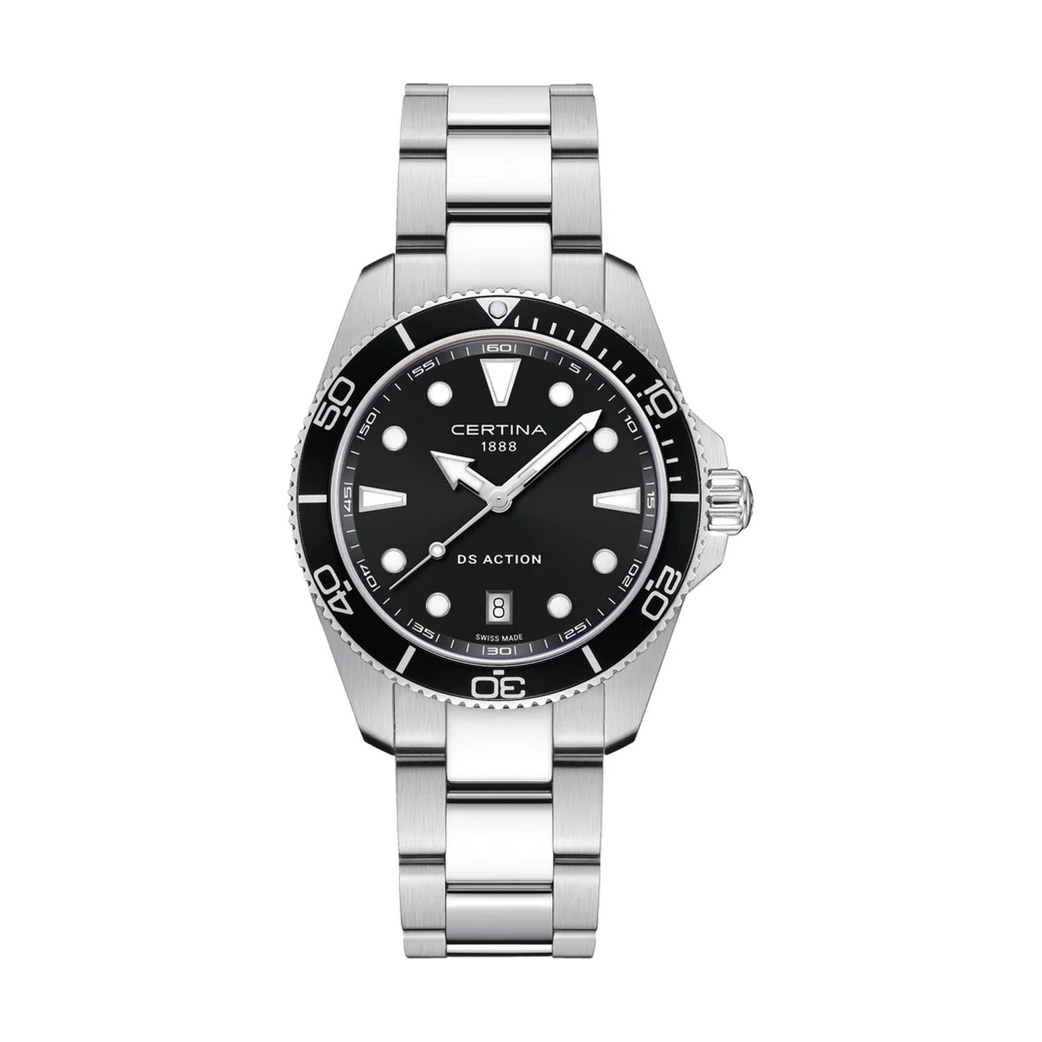 Montre Certina DS Action 40 mm quartz, cadran noir à index ronds luminescents, lunette graduée noire, date à 6 heures, bracelet acier, vue de face
