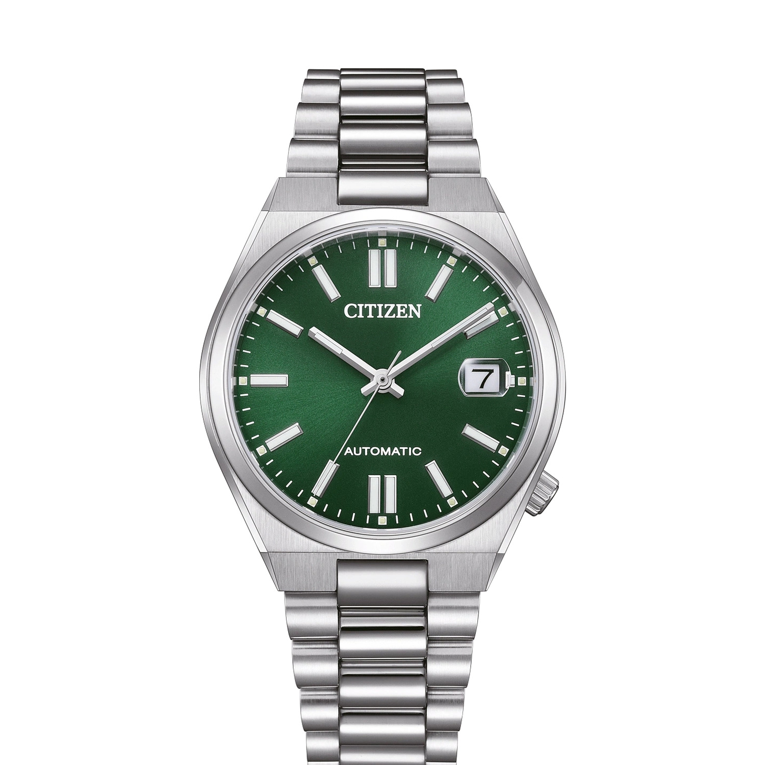 Montre Citizen Tsuyosa 37 mm automatique, cadran vert soleillé avec date à 3 heures, bracelet acier, vue de face