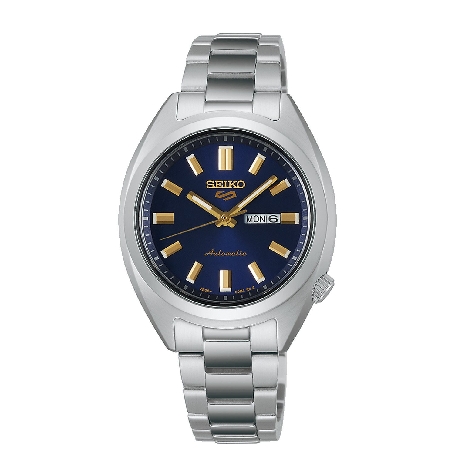 Montre Seiko 5 Sports SRE021K1 automatique 32 mm, cadran bleu soleillé, index et aiguilles dorés, jour et date à 3 heures, bracelet acier, vue de face