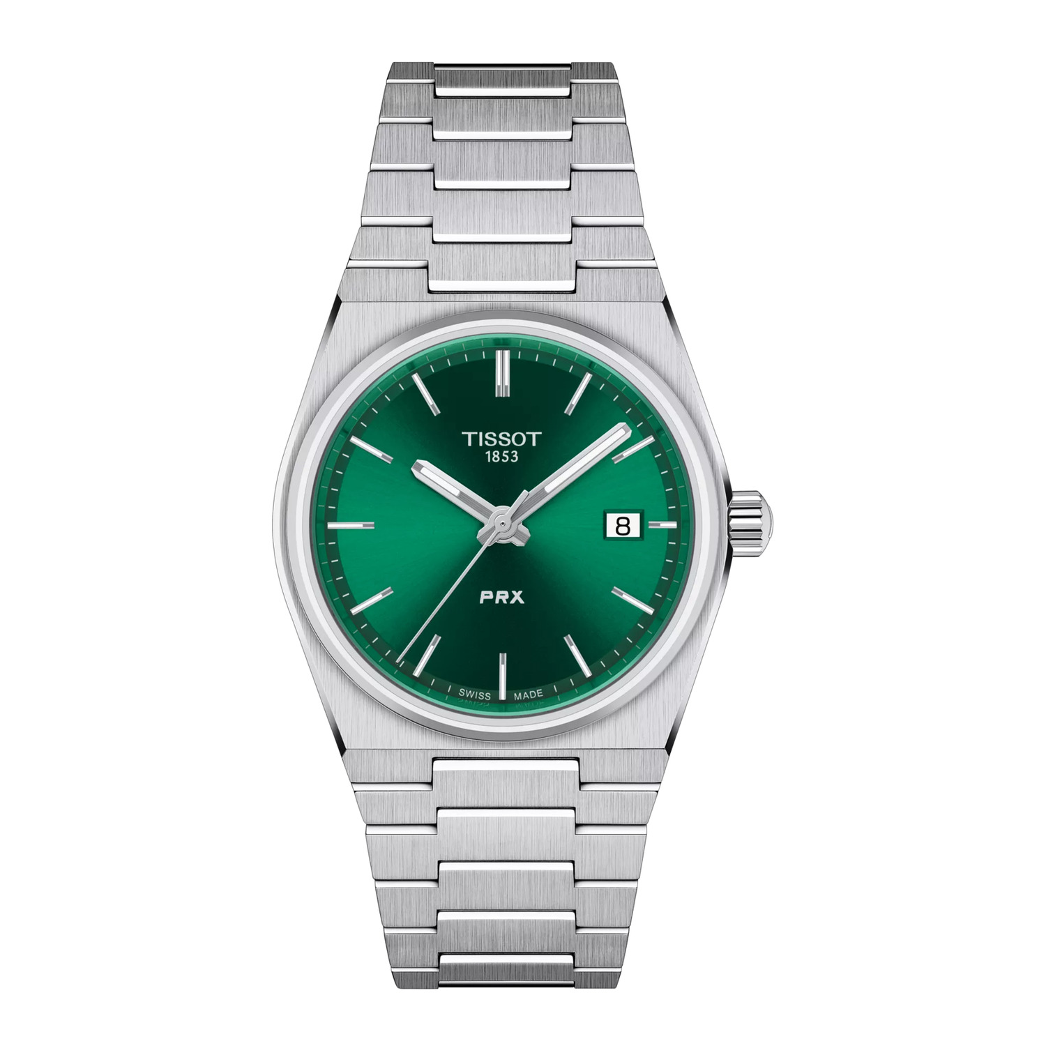 Montre Tissot PRX 35 mm quartz, cadran vert soleillé, boîtier tonneau et bracelet intégré acier, vue de face