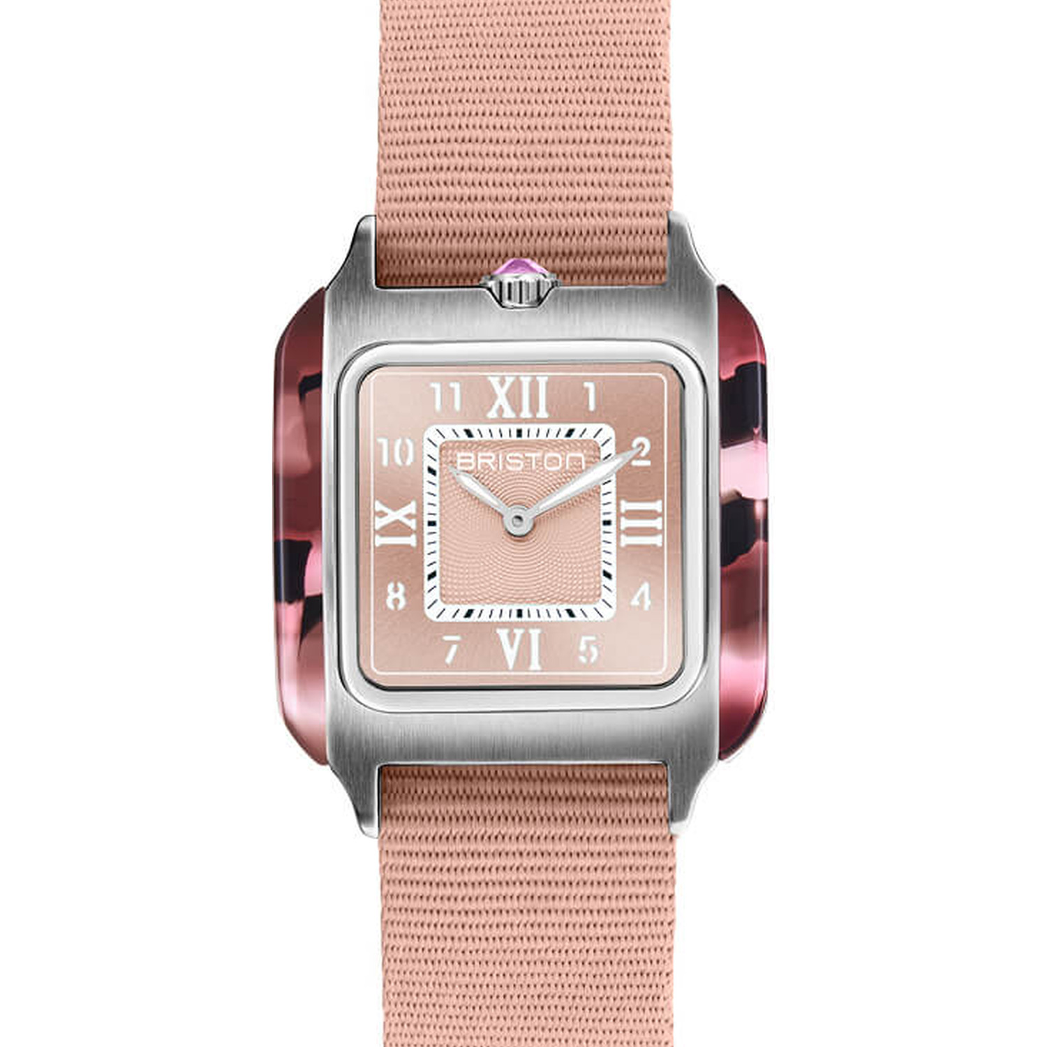 Montre Briston Streamliner Kennedy Spring 30 mm quartz, boîtier carré acier à flancs acétate écaille rouge, cadran rose poudré, bracelet NATO rose, vue de face