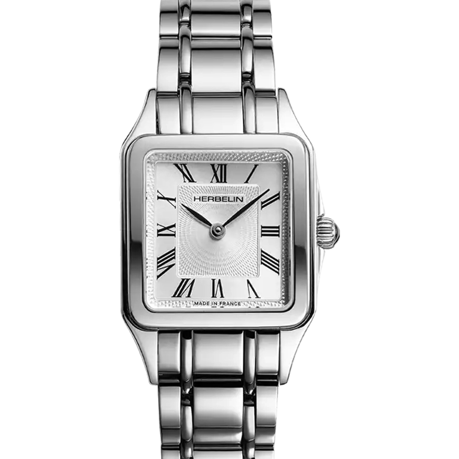 Montre Herbelin Luna 24 mm quartz, boîtier carré acier, cadran argent guilloché à chiffres romains, bracelet acier, vue de face