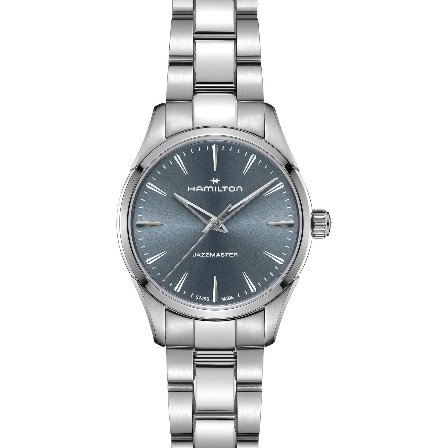 Montre Hamilton Jazzmaster Quartz 32 mm, cadran bleu foncé soleillé, aiguilles dauphines ajourées, bracelet acier, vue de face