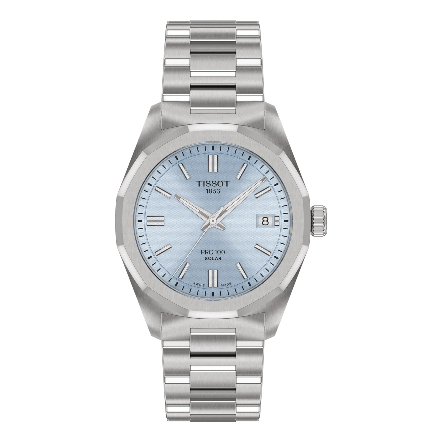 Montre Tissot PRC 100 Solar 34 mm quartz solaire, lunette à douze pans, cadran bleu glace, bracelet acier, vue de face