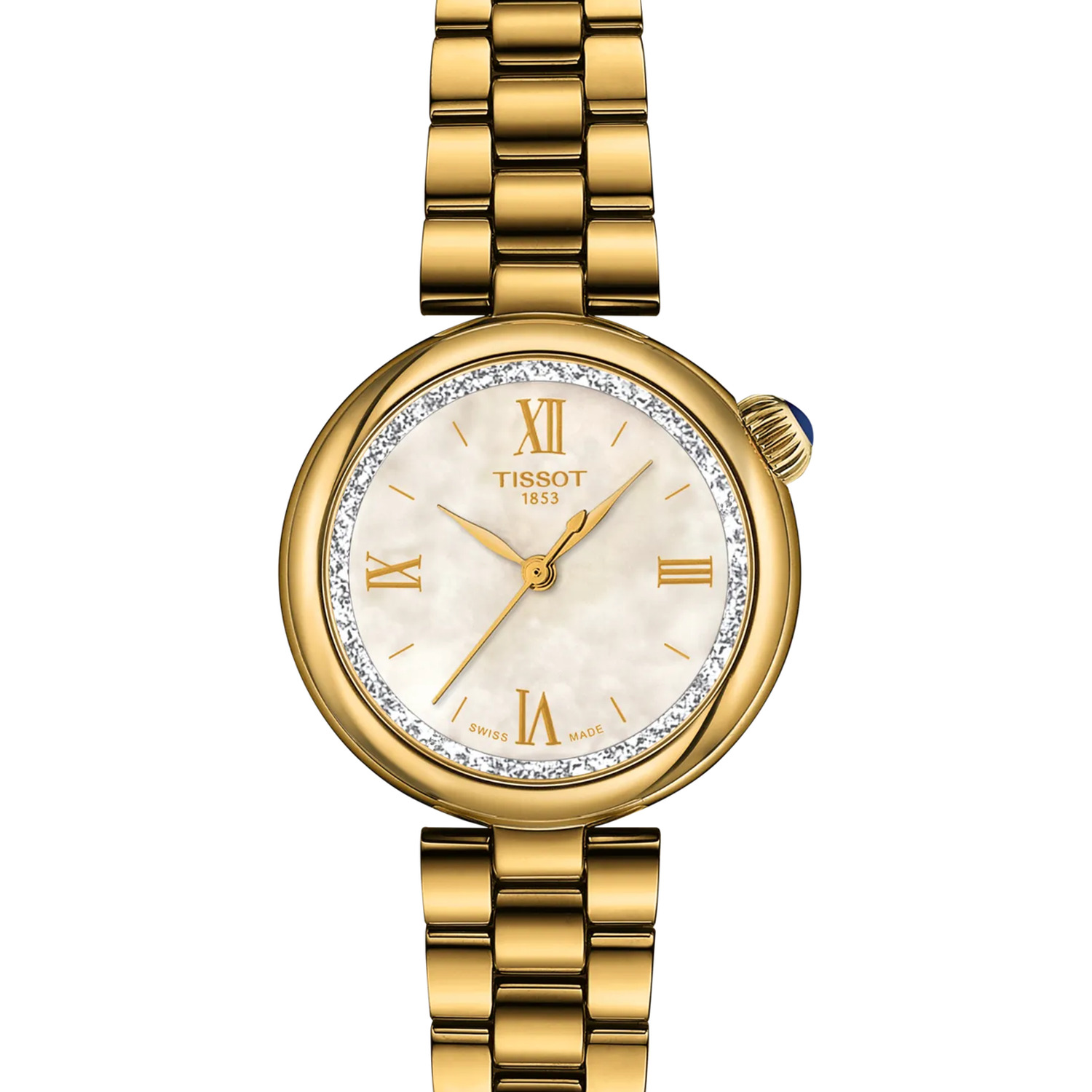 Montre Tissot Desir 28 mm quartz, cadran nacre à anneau scintillant, boîtier et bracelet acier PVD or jaune, vue de face