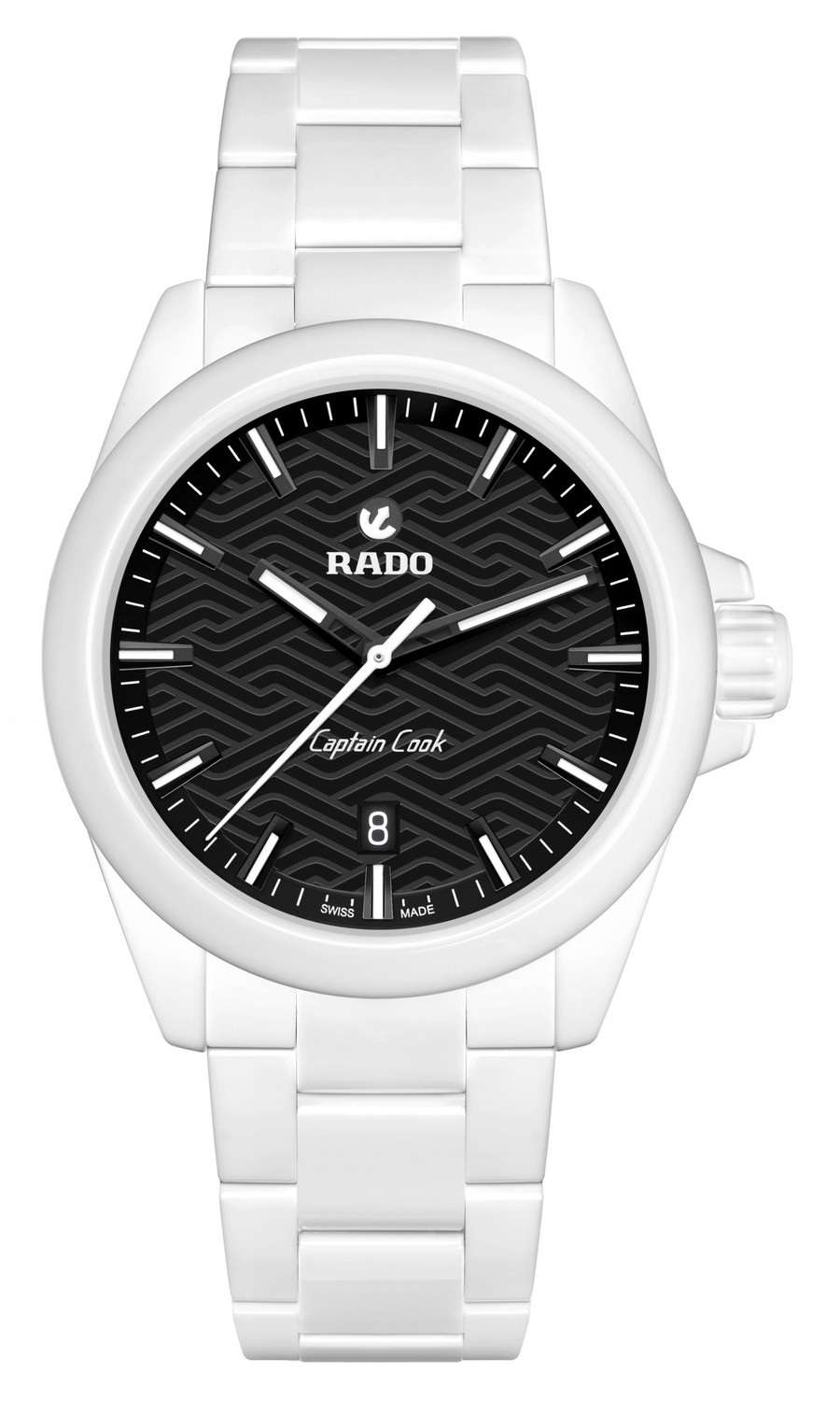 Rado Captain Cook Discover R32278162, céramique blanche polie et cadran noir soleillé gravé d'un motif de vagues