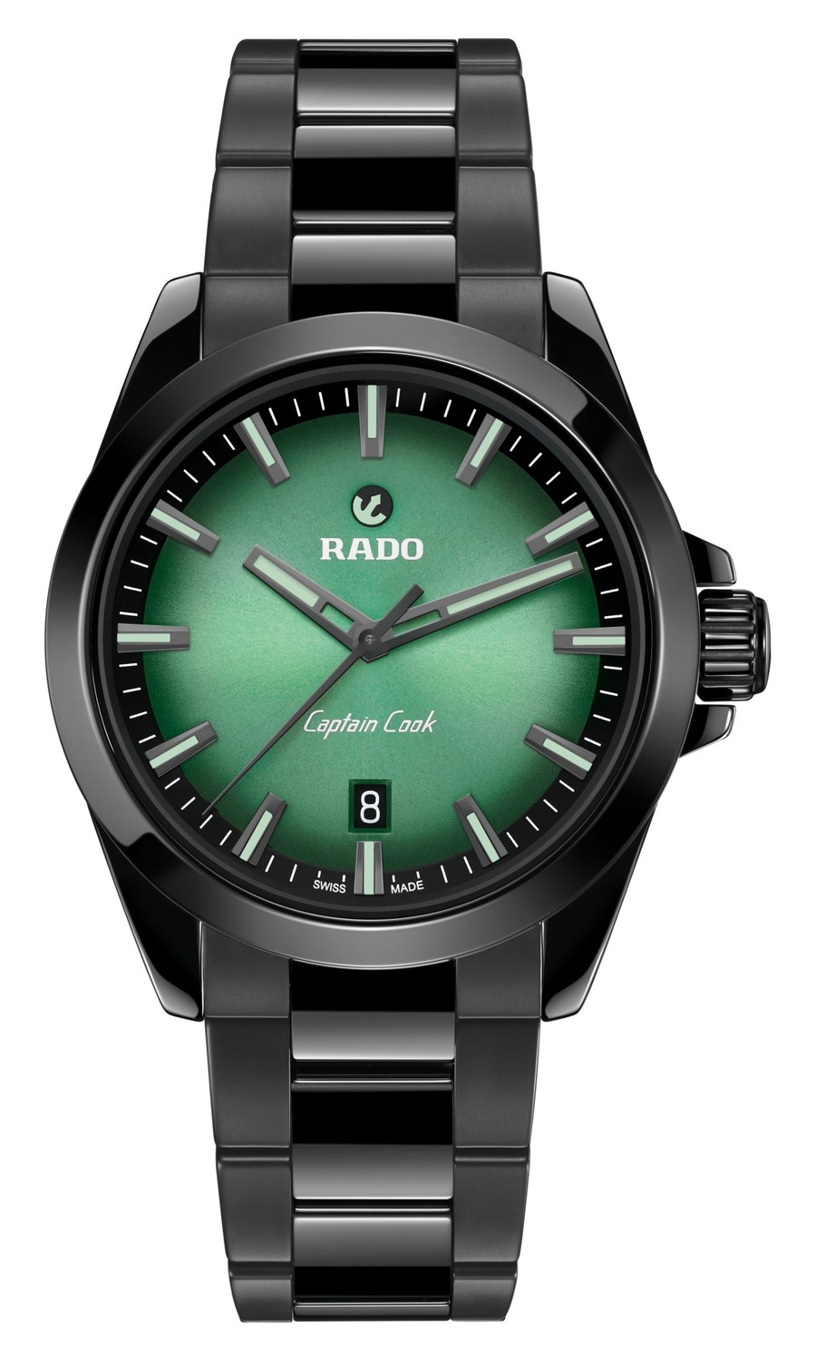 Rado Captain Cook Discover R32279312, cadran dégradé du vert au noir, index noir et ton or, céramique noire