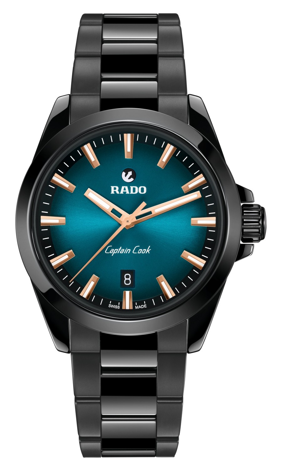 Rado Captain Cook Discover R32279322, cadran dégradé du bleu au noir et index appliqués ton or rose