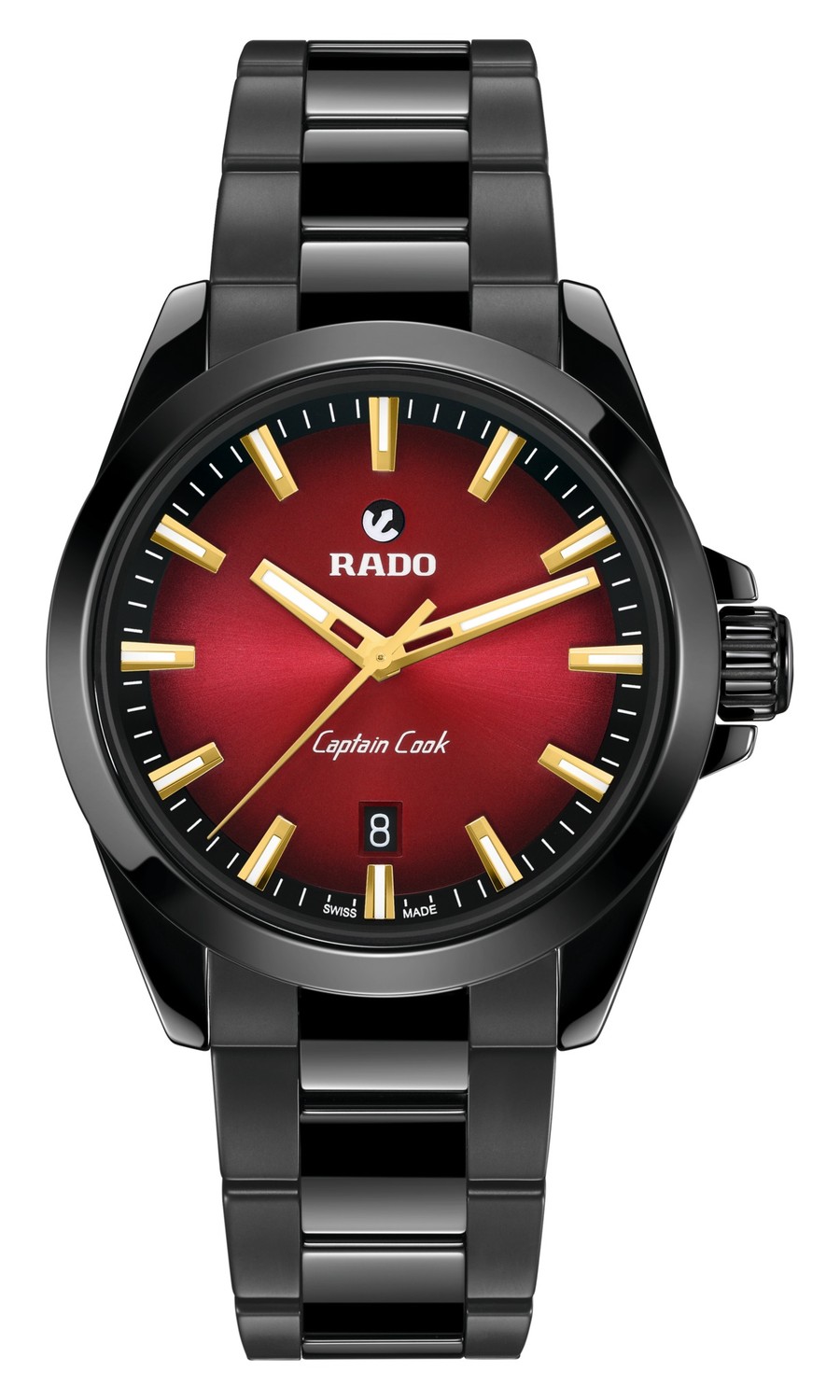 Rado Captain Cook Discover R32279332, cadran dégradé du rouge au noir et index appliqués ton or jaune