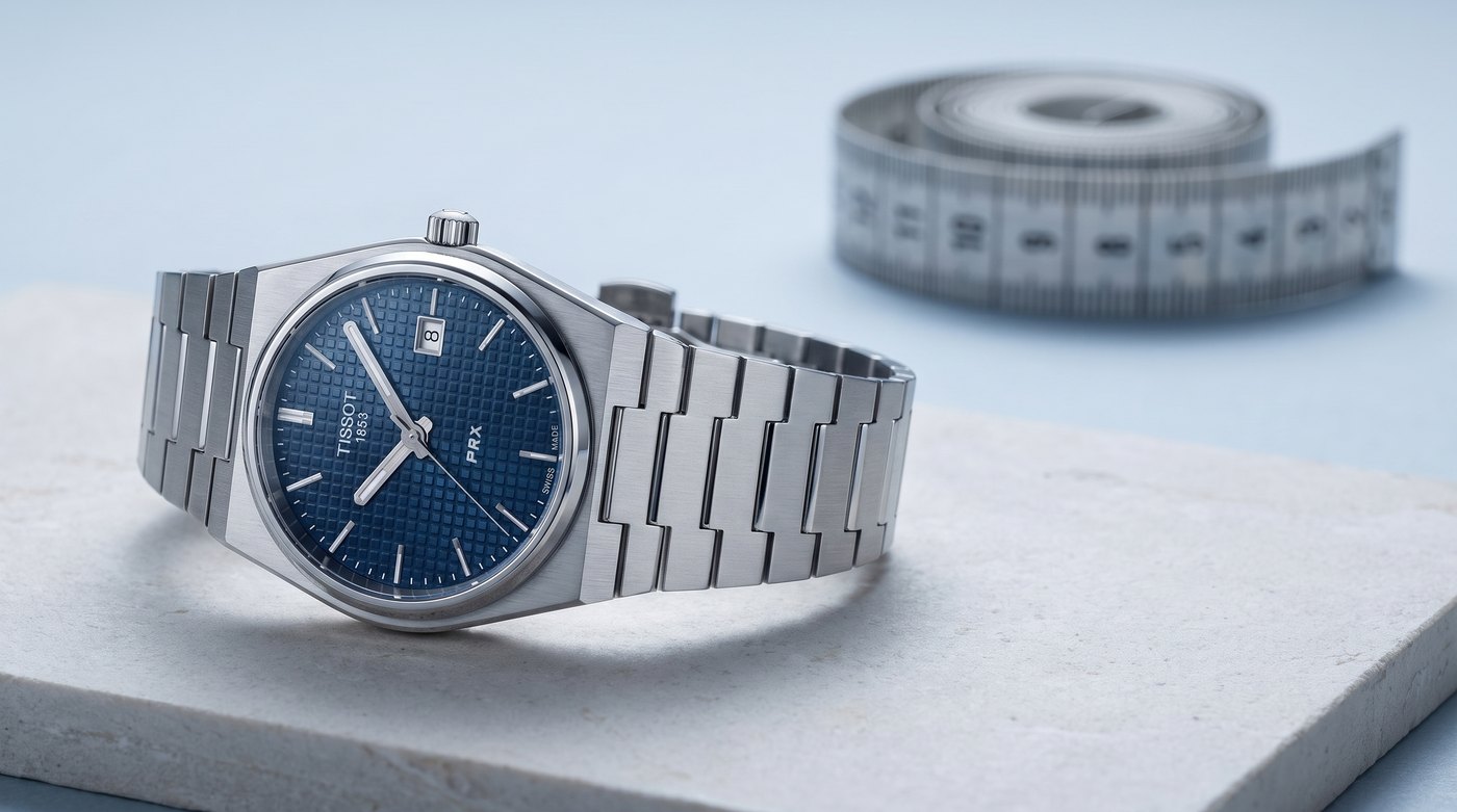 Tissot PRX 35 mm cadran bleu posee sur une pierre claire, vue d'illustration