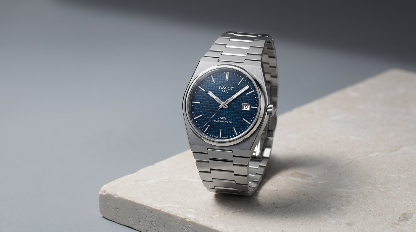 Tissot PRX boitier tonneau sans cornes, naissance du bracelet dans le flanc, vue d'illustration