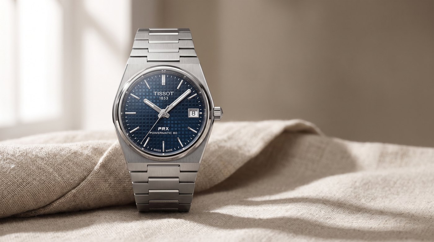 Tissot PRX 35 mm cadran bleu posee sur une manchette de lin, vue d'illustration