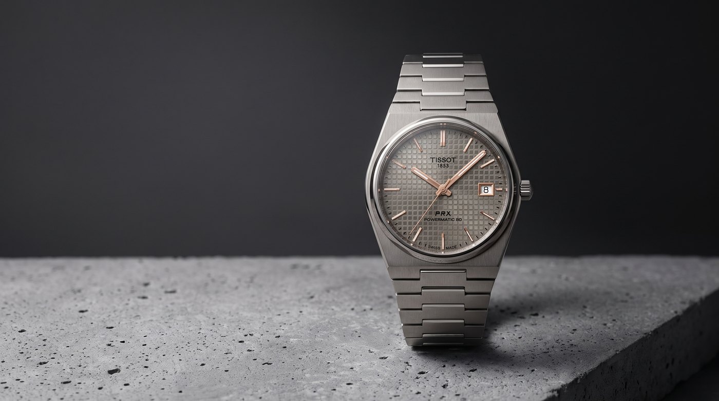 Tissot PRX Titane 38 mm cadran anthracite sur beton brut, vue d'illustration