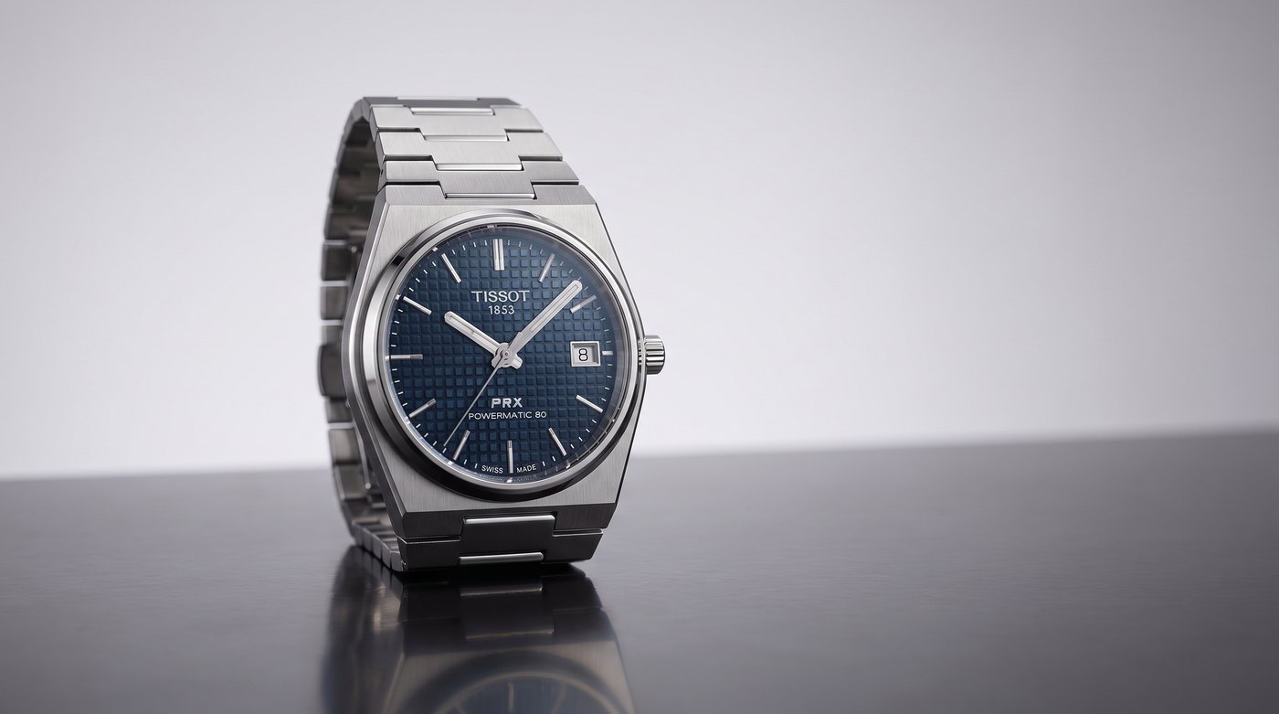Tissot PRX 35 mm Powermatic 80 vue au ras de la table, hauteur de boitier, vue d'illustration